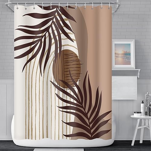 Miniatura 2 de Cortina de ducha abstracta de mediados de siglo, estilo bohemio, con hojas de eucalipto, marrón y beige, con ganchos, tela impermeable, de