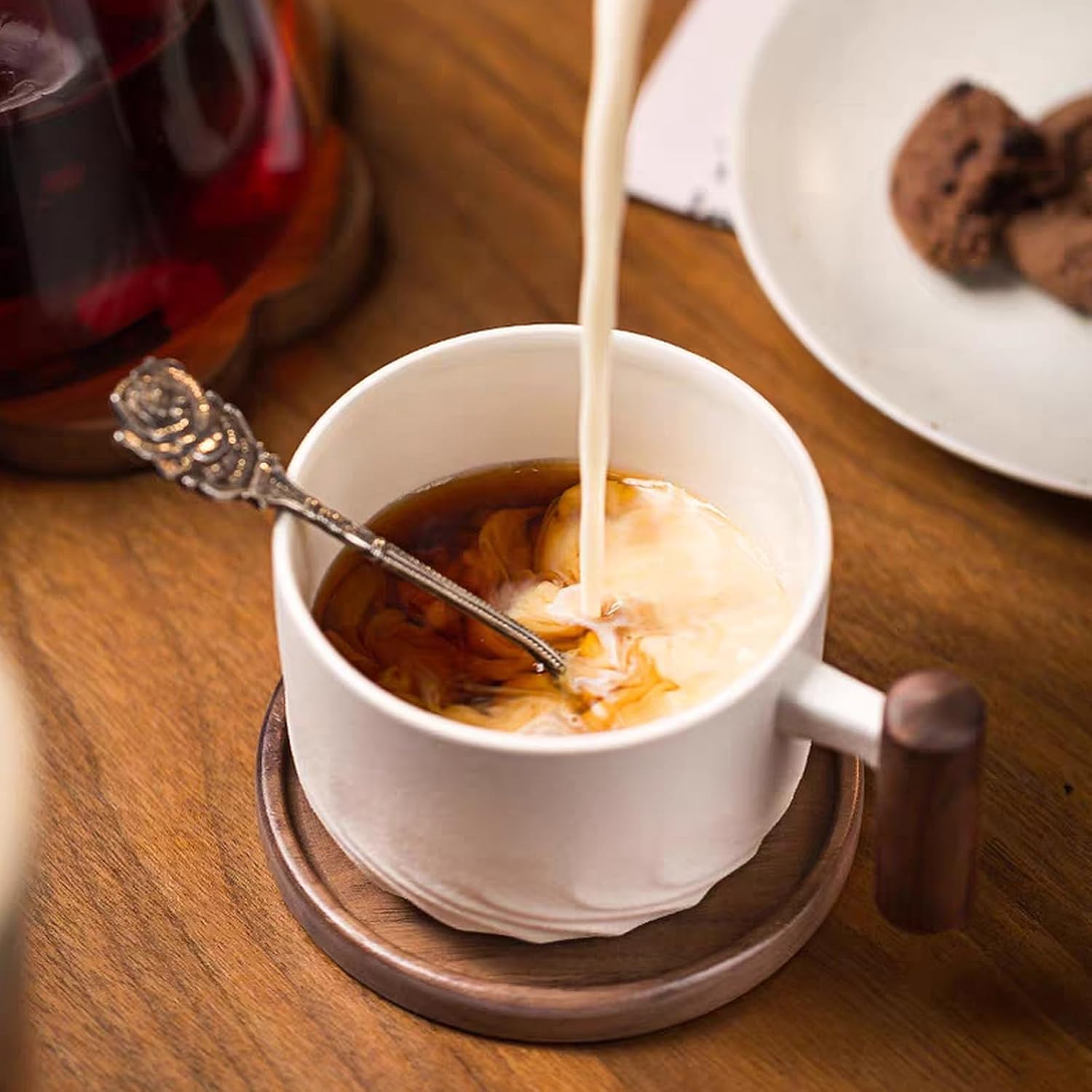 2.5oz Ceramic Espresso Cups with Wooden Handle, Chinese KungFu Tea Cup, Coffee Cups Set of 4 (White)