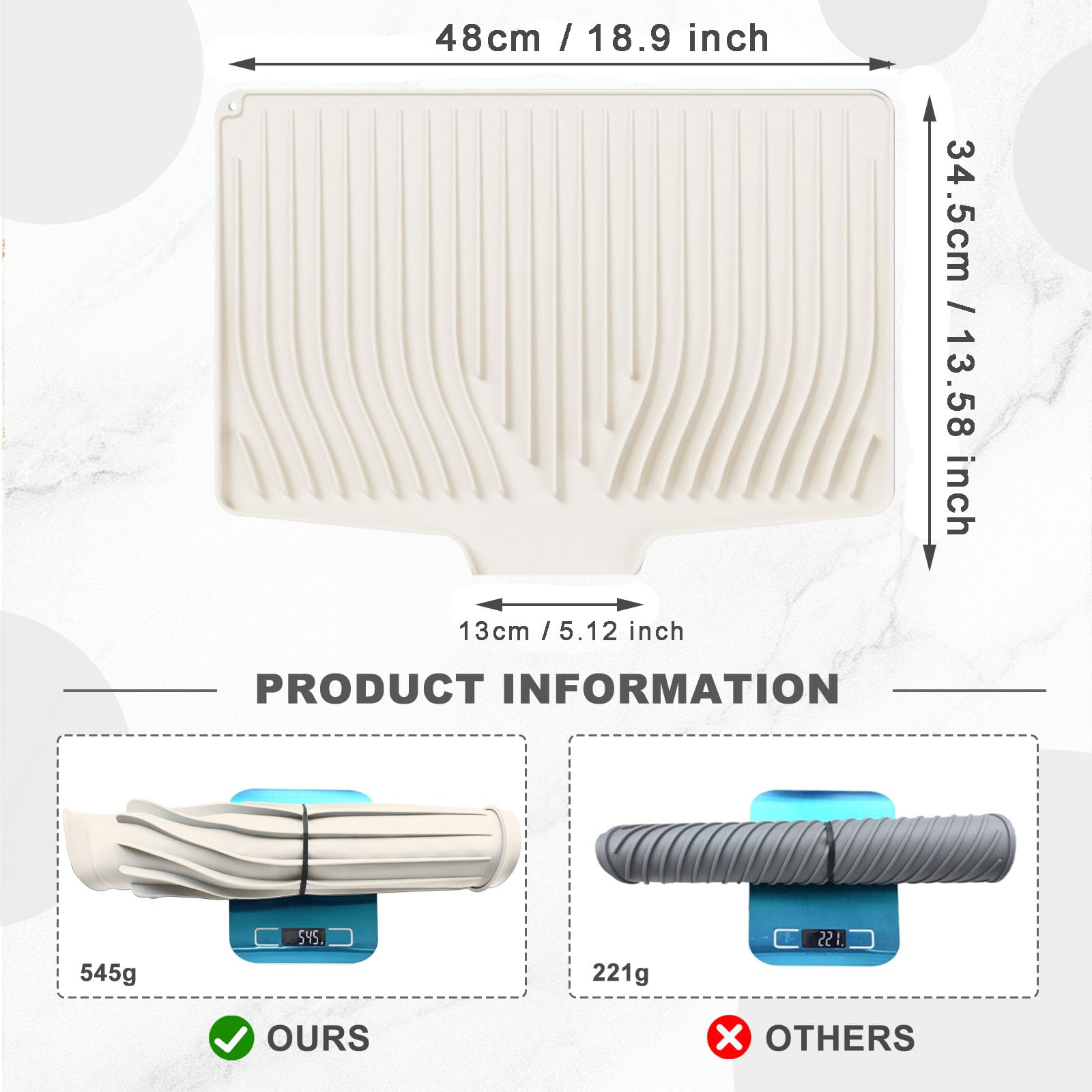 Silicone Dish Drying Mat Large 18.9"x13.58" 48 x 34.5cm Draining Board Mats Sink Drainer Mat Coaster Collapsible Fast Drying Non-Slip Heat Resistant for Kitchen Counter Countertops Sink (Beige White) - Image 2