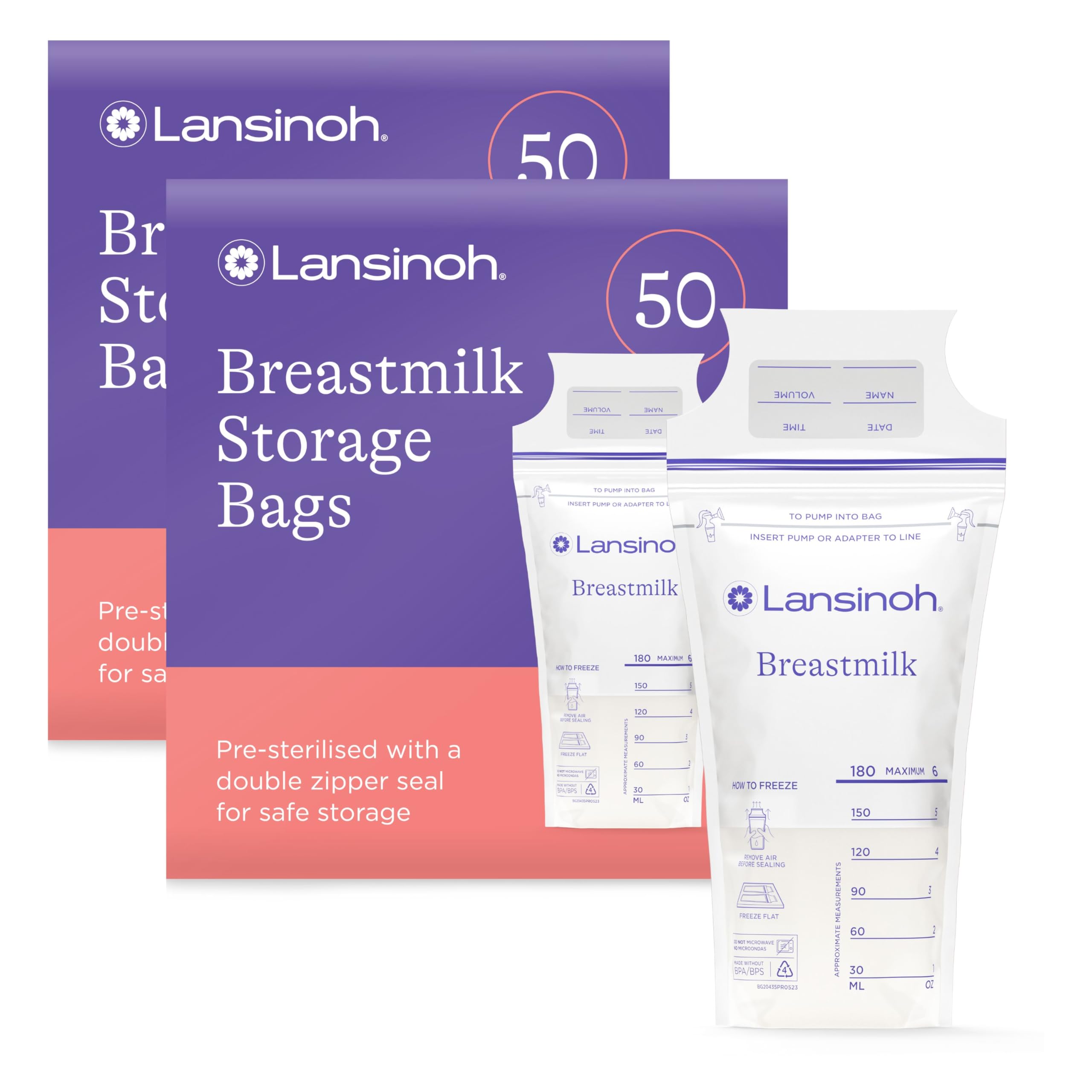 Lansinoh Breast Milk Storage Bags - Pre-Sterilised, Leakproof & BPA/BPS-Free - Fridge & Freezer Breastmilk Pouches - Pump into bag with Lansinoh Breast Pumps - Breastfeeding Essentials - 50 Pack — view 8