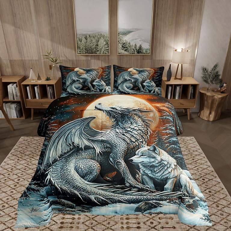 Castle Fairy Dragon Wolf Comforter Set King Size 3D Western Wildlife Bedding Set Kids Boys Girls Magical Jungle Animal All Season Quilt Set Mysterious Moon Night Bedding Comforter Sets,3Pcs