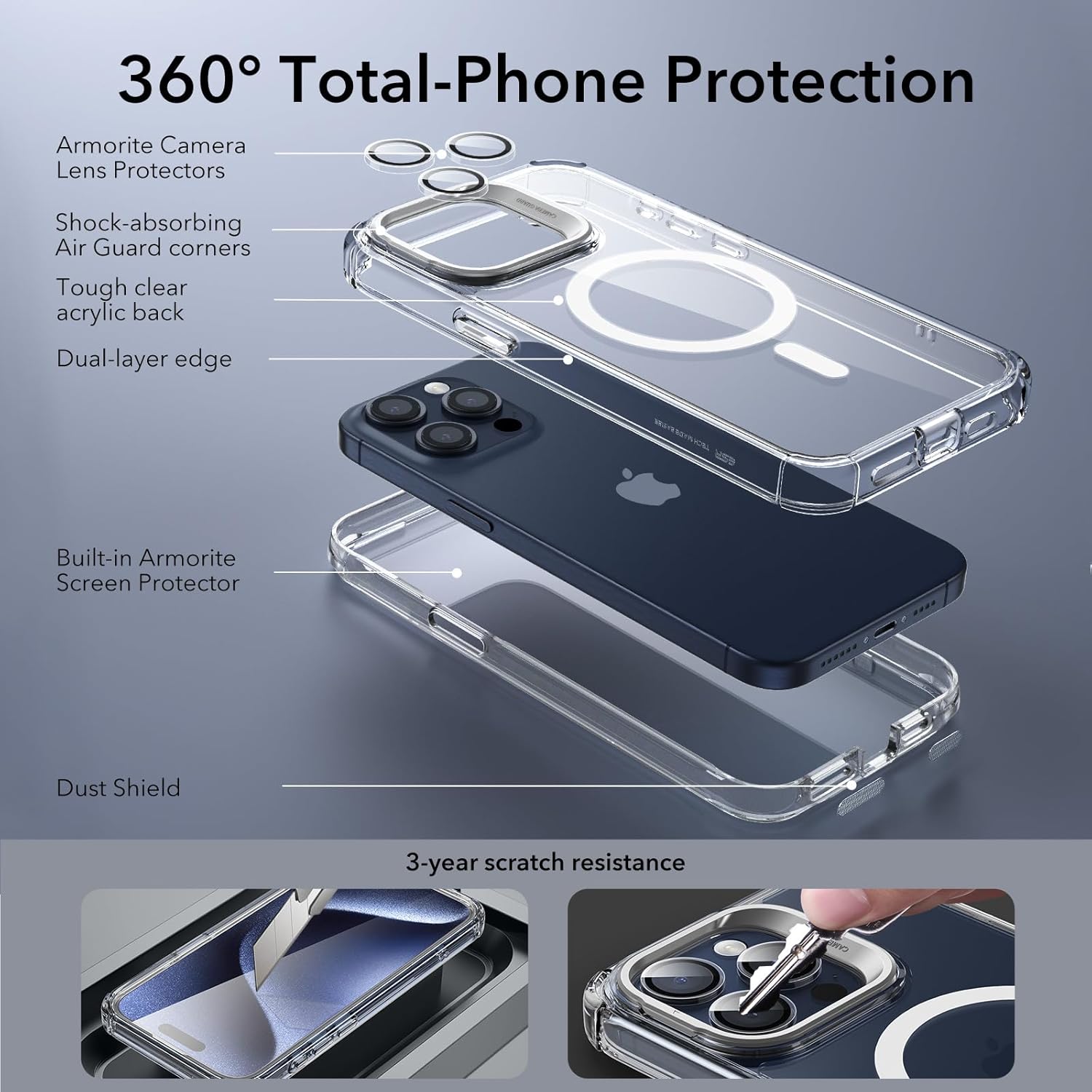 ESR for iPhone 15 Pro Max Case with Stand, Compatible with MagSafe, Full-Body Military-Grade Drop Proof Case with Built-in 9H+ Tempered Glass Screen Protector, Armor Series, Clear - Image 3