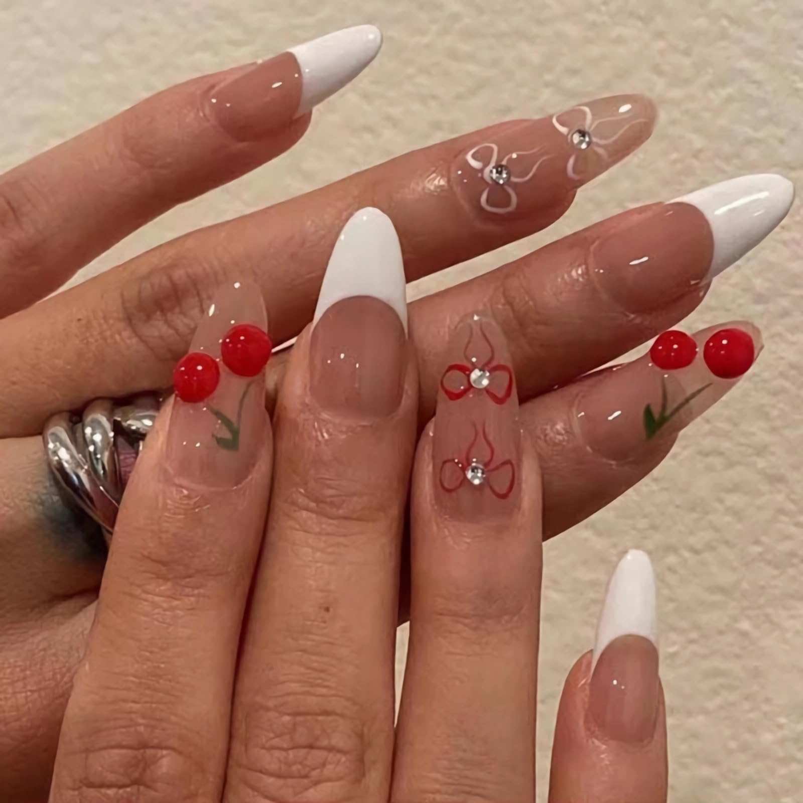 BABALAL French Tip 3D Design Acrylic Nails 24Pcs Stiletto False Nails for Women and Girls with Bow, Cherry Designs in White Glue, Almond Size