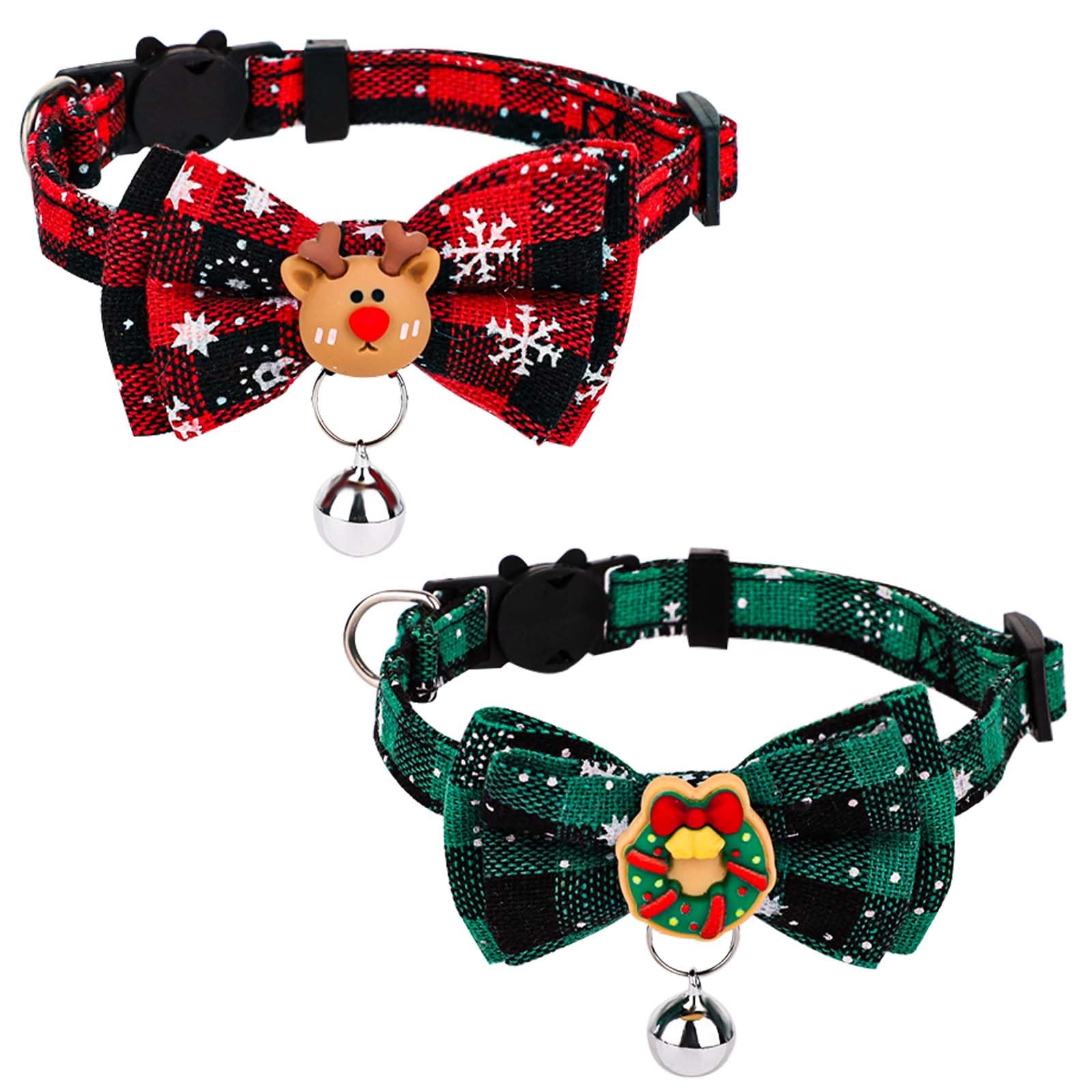 2pcs Christmas Cat Collar, 7-11.8 Inch Adjustable Cat Collar with Bow Tie Detachable Cat Collar with Bells Cute Cat Collar for Christmas Kitten Adult