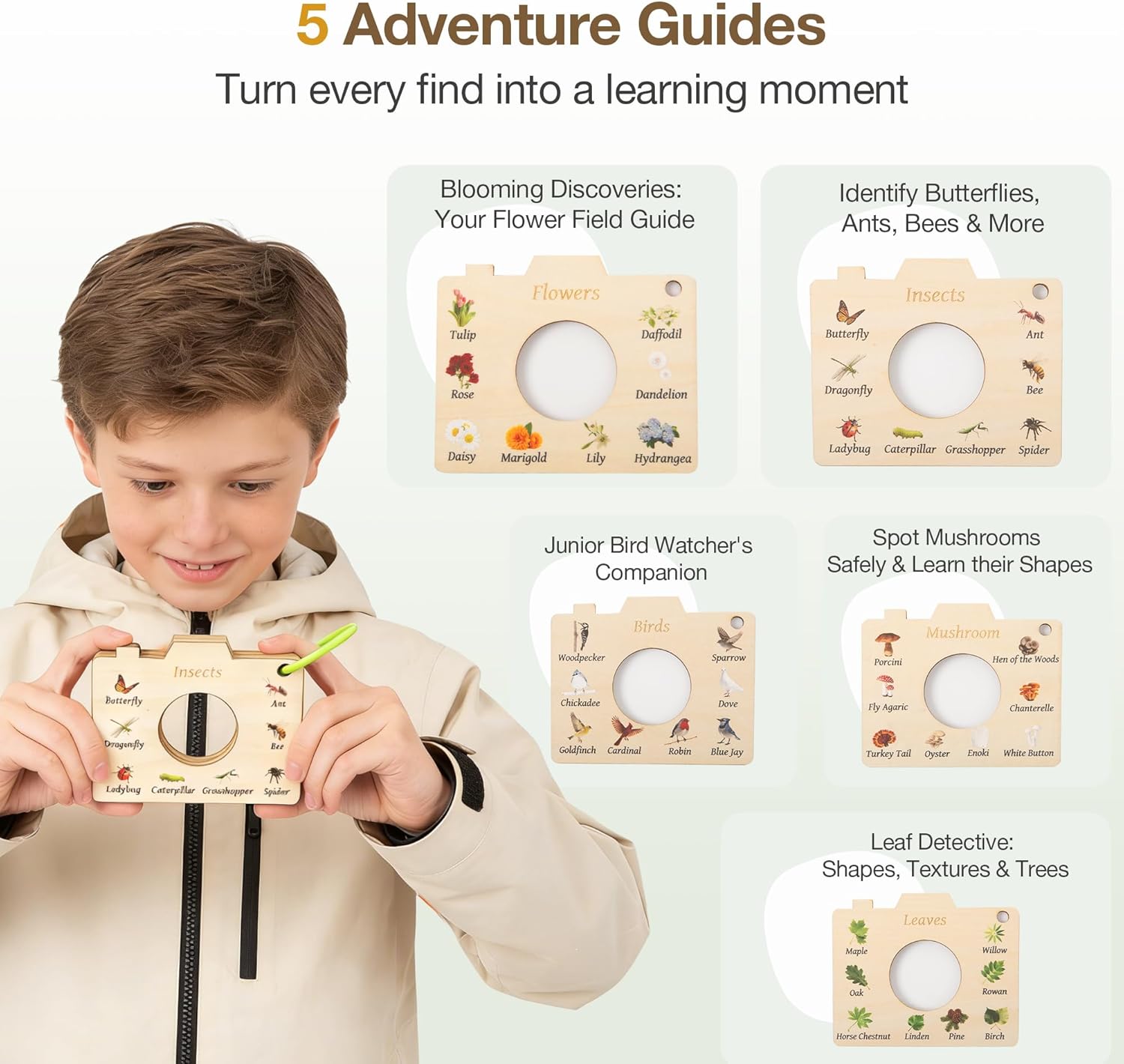 Wooden Bug Catcher Kit for Kids, 16-in-1 Outside Toys for Toddlers STEM Outdoor Explorer Set with 3-Way Observation Habitat, Butterfly Net, Magnifying Glass, Educational Gift for Boys Girls Ages 3-8