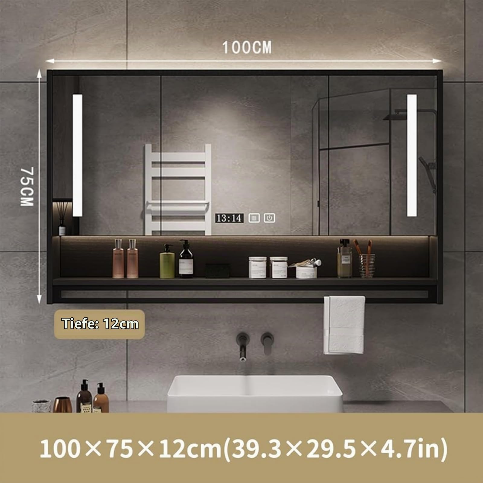 Slish Vani Sto Solut - Armadietto da bagno moderno con specchio a 3 ante, design a parete, con sensore touch, 100 cm, colore: nero