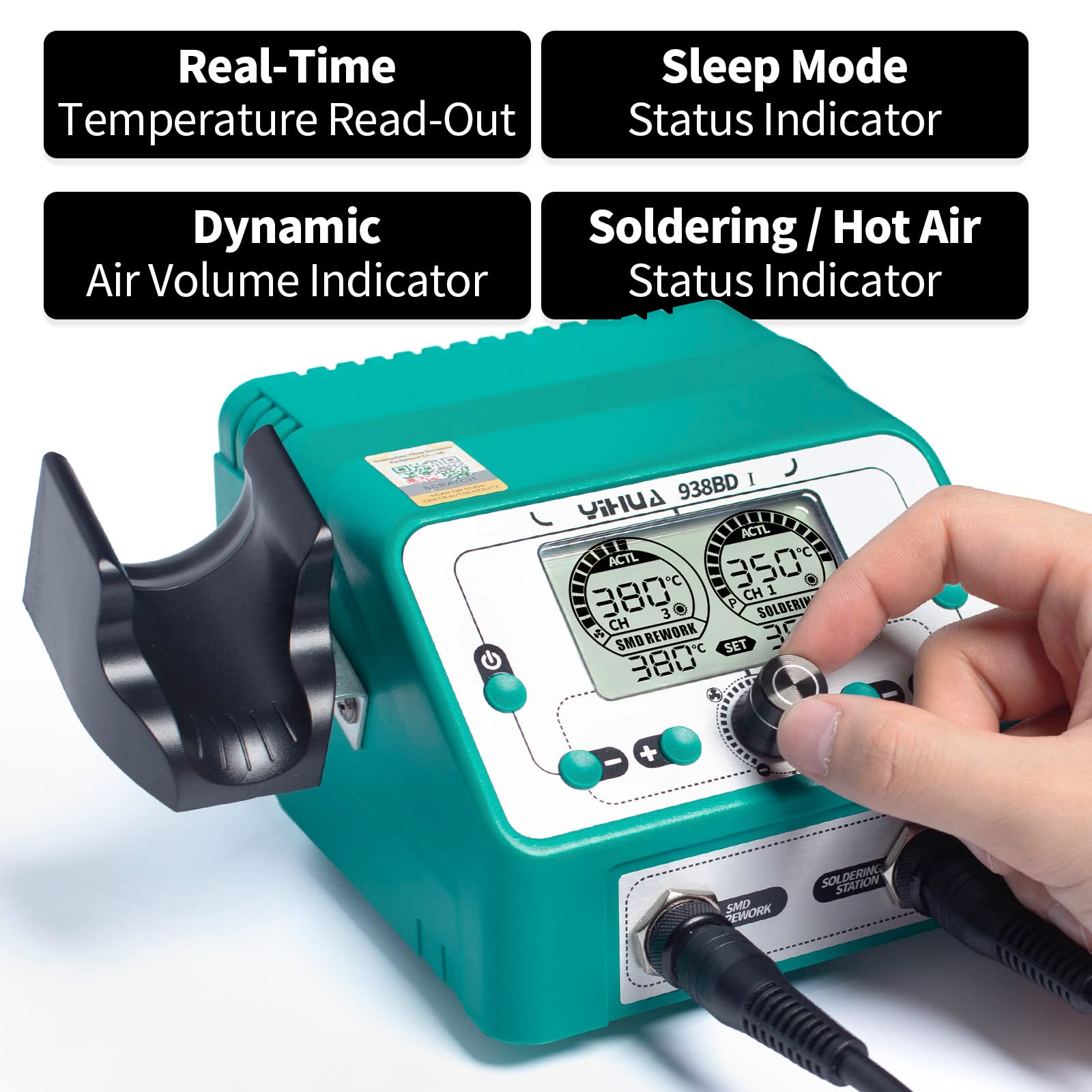 YIHUA 938BD-I 2 en 1 Estación de retrabajo de aire caliente 110W EVO Estación de kit de soldador con pantallas de temperatura dual Modo de suspensión