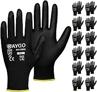KAYGO KG11PB PU Coated Safety Work Gloves, 12 Pairs Seamless Knit, Smooth Grip Palm & Fingers for Men Women, Large Black