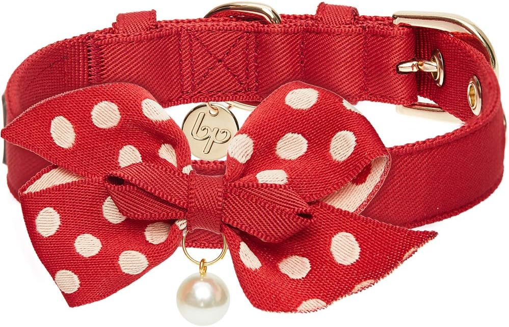 Blueberry Pet 4 Colors The Most Coveted Red Adjustable Dog Collar with Golden Metal Buckle and Detachable Dotty Bowtie & Pearl, Neck 17-20.5", for Large Breed