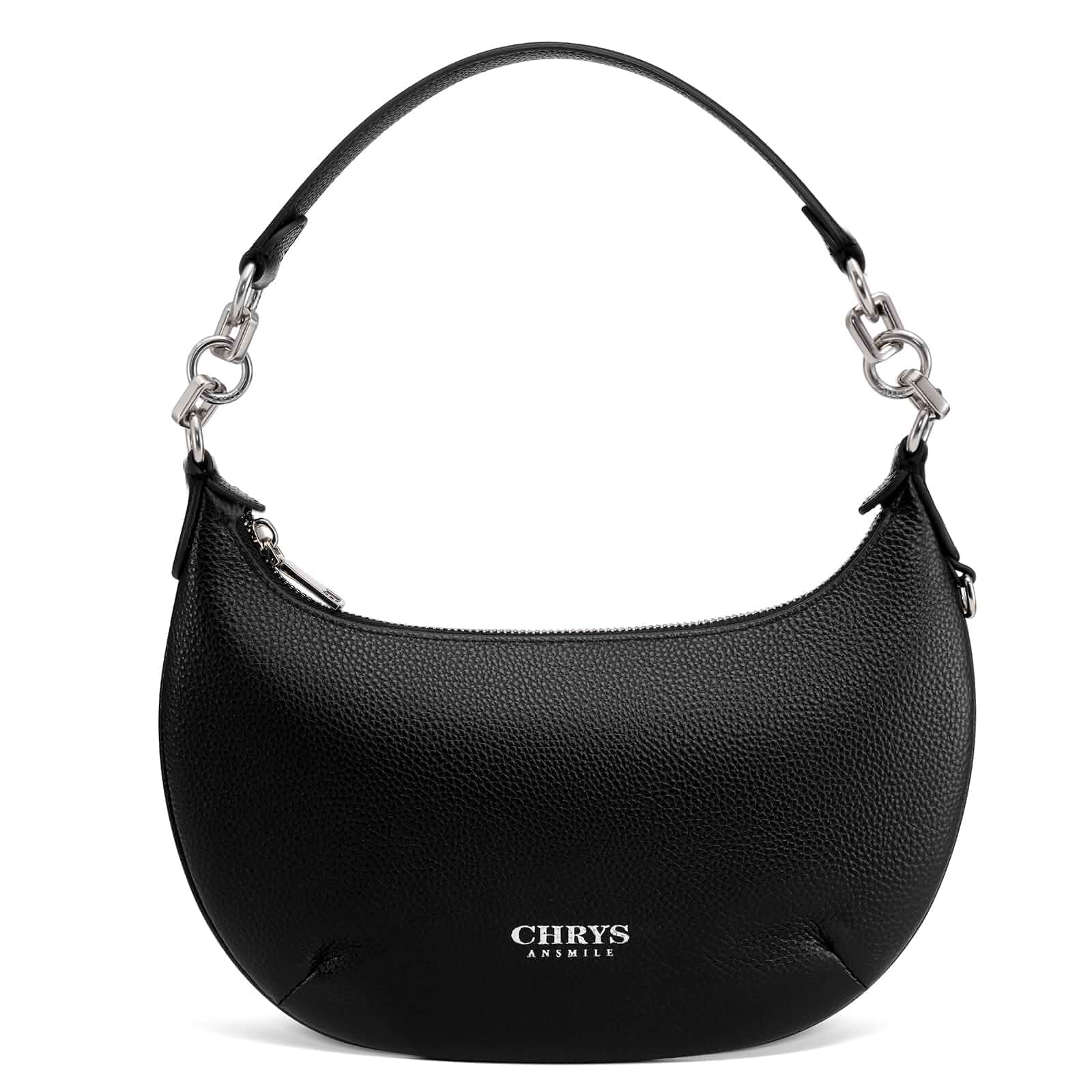Small Black Shoulder Bags Mini Tote Bag Cute Purses for Women with Silver Chain Genuine Leather Crescent Bag