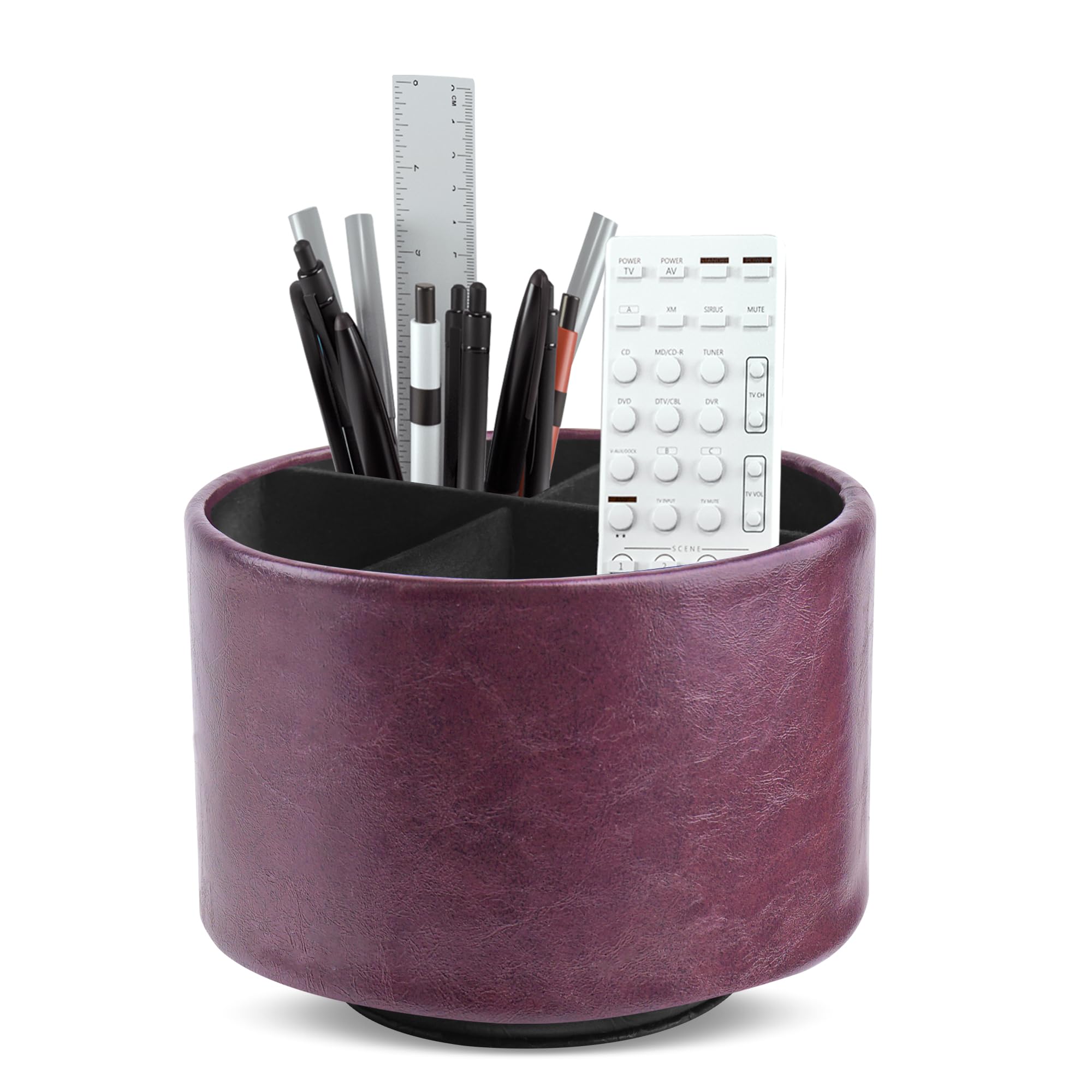 Mtzmy Round Leather Art Supply Organizer,Remote Control Holder,360 Degree Spinning,Multi-Functional Pencil Holder,4 Compartments Desktop Stationary Organizer(1-Oil Dark Brown) — image 1
