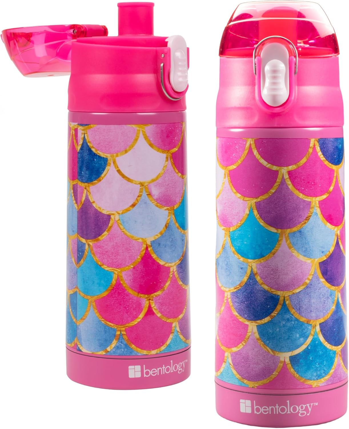 Bentology Stainless Steel 13 oz Reusable Water Bottle for Kids, Mermaid -Double Wall Insulated, Spill Proof Lid w/Built-in Straw- Keep Liquids Hot or Cold For Hours- Fits in Lunch Boxes & Bags