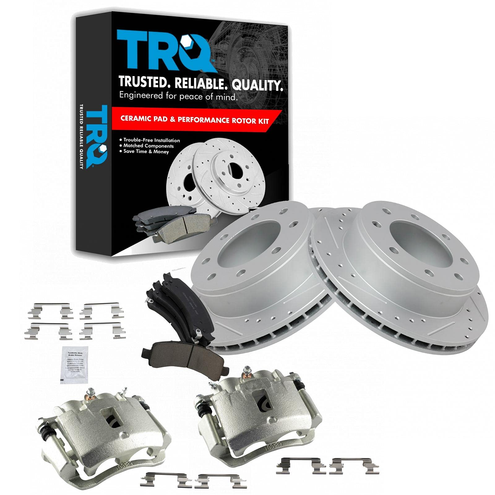 TRQ Performance Rear Ceramic Pads Drilled Slotted Coated Rotors &amp; Calipers Kit for Chevy Express GMC Savana Van