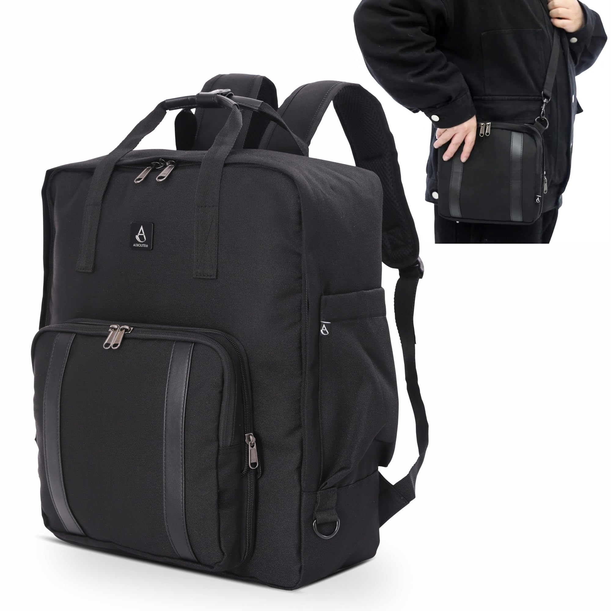 Aerolite 40x30x20cm Ryanair & Wizz Air Maximum 24L Backpack with Removable Small Shoulder Carry Pouch Travel Carry On Hand Cabin Luggage Flight Rucksack Bag 40x30x20 Ryanair Wizz Air Approved Black