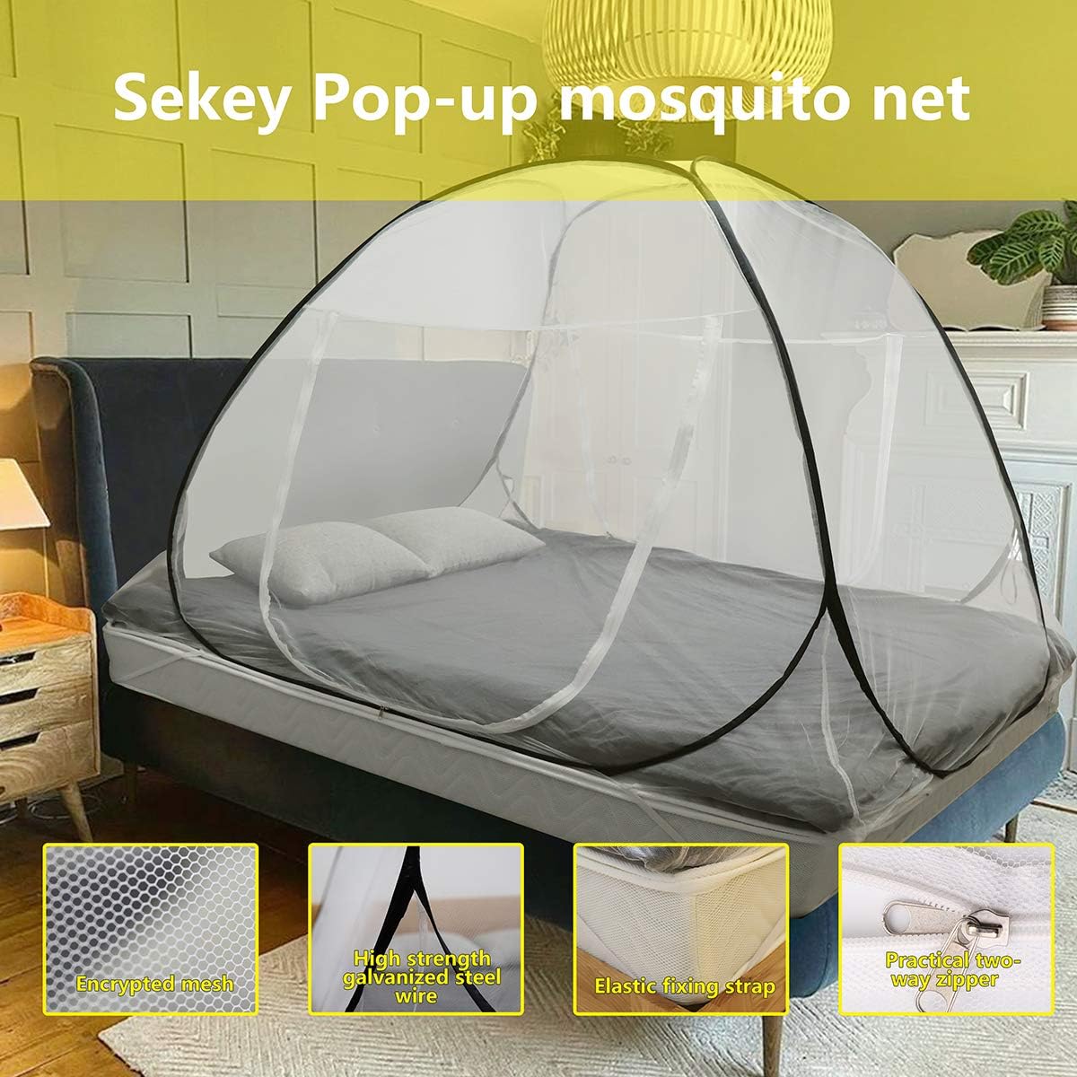 Sekey Pop Up Moskitonetz mit 4 Spanngurte 200 x 180 x 145 cm, Doppelreißverschluss Faltbares Mückennetz, Tragbares Campingzelt mit Tragetasche, Ultraleichtes Doppelbett für Outdoor Reisen, Weiß