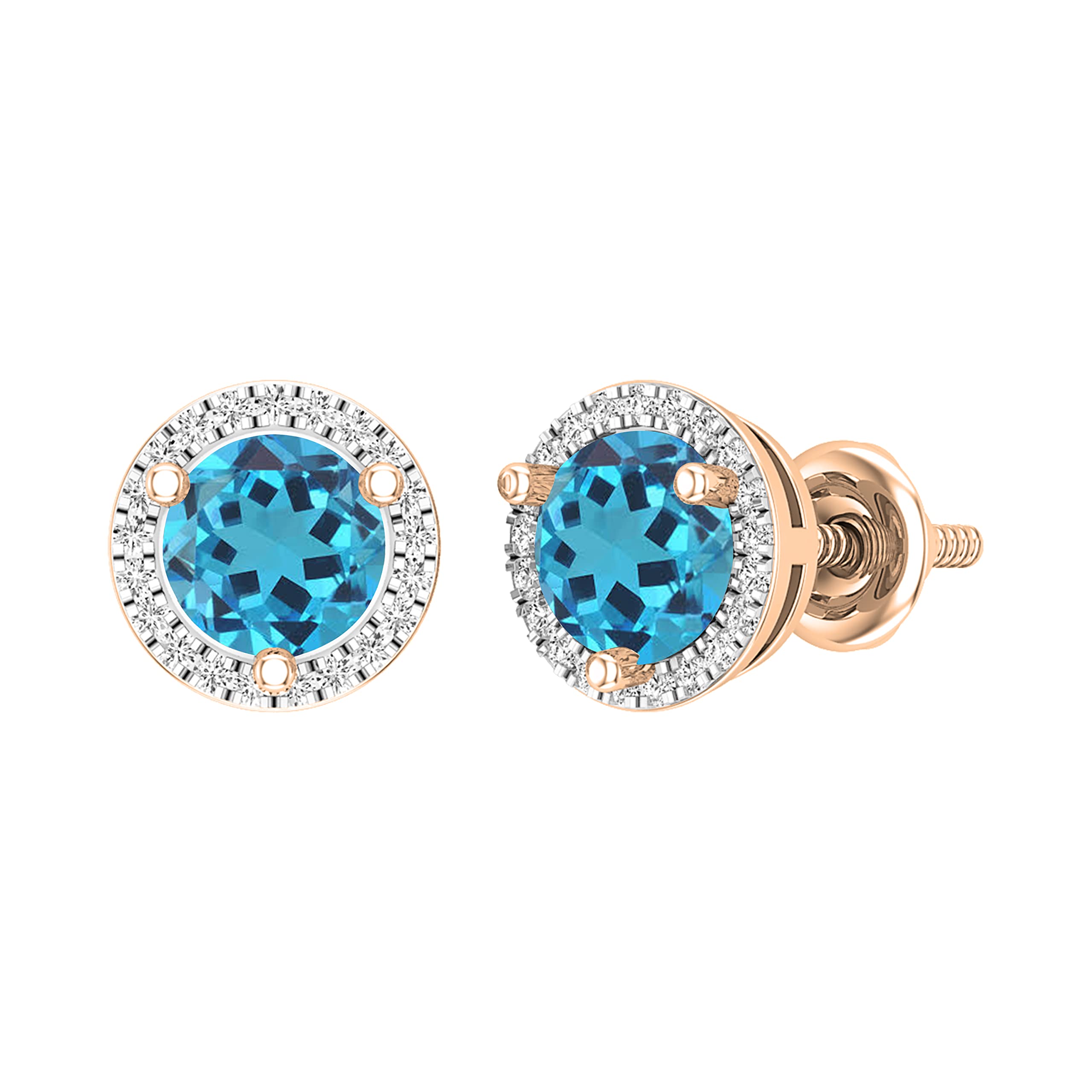 Dazzlingrock Collection 5.1mm Each Round Center Stone Blue Topaz & White Diamond Halo Stud Earrings for Women in 10K Solid Rose Gold in Screw Back