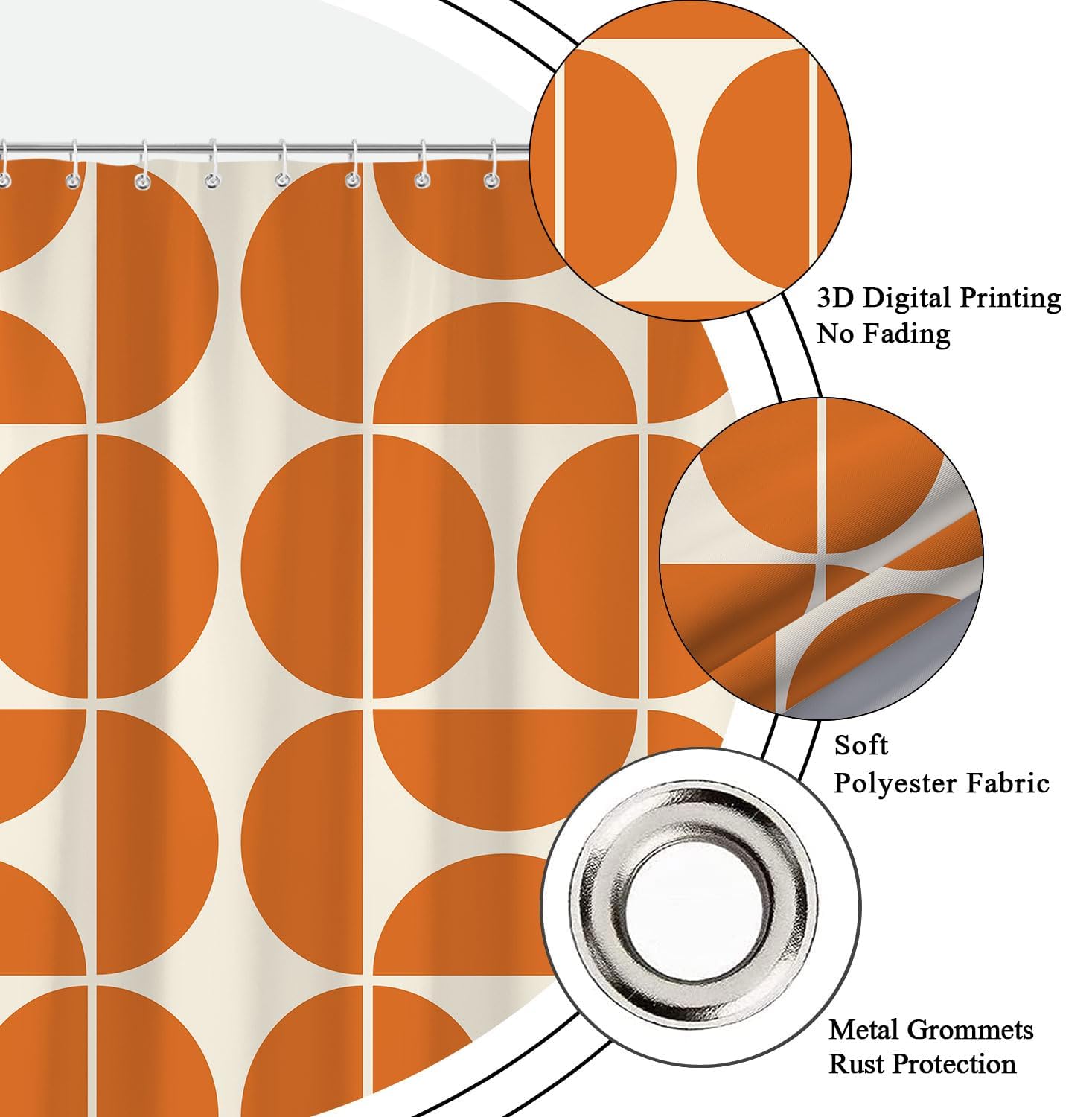 Rideau de Douche Vert Style Moderne du Milieu du siècle, 240 x 200 cm, Motif géométrique Abstrait rétro Orange, Style bohème, avec Crochets