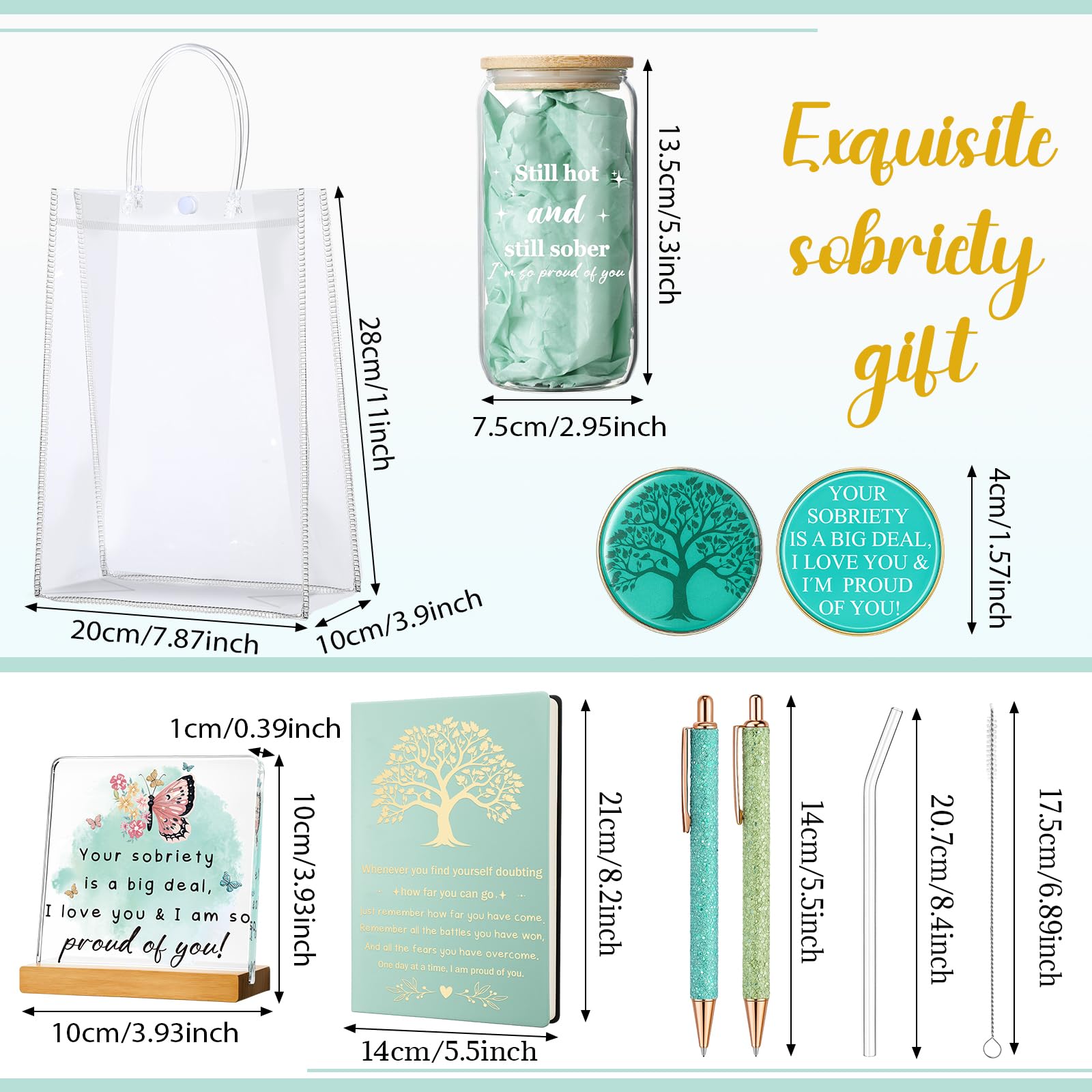 Potchen 7 Pcs Sobriety Gifts Set for Women Men Your Sobriety Is a Big Deal Plaque Sign Sober Glass Tumbler Leather Journal Notebook Pens Coin PVC Bag, Recovery Presents(Sage Green)