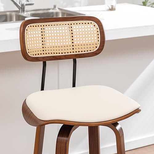 Miniatura 8 de AQG Juego de 2 taburetes de bar, taburetes giratorios de ratán de 29.9 pulgadas con respaldo de bastón, asiento tapizado, muebles tapizados de piel