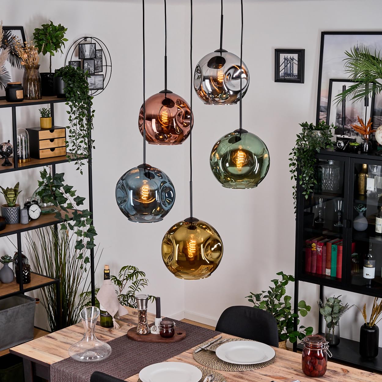 HOFSTEIN Ripoll Hanging lamp, 5-Burner Hanging lamp Made of Metal/Glass in Black/Blue/Green/Copper/Gold/Chrome/Smoke, in Retro Design (Shades Ø 25 cm), E27, Dining Room, Kitchen, Living Room