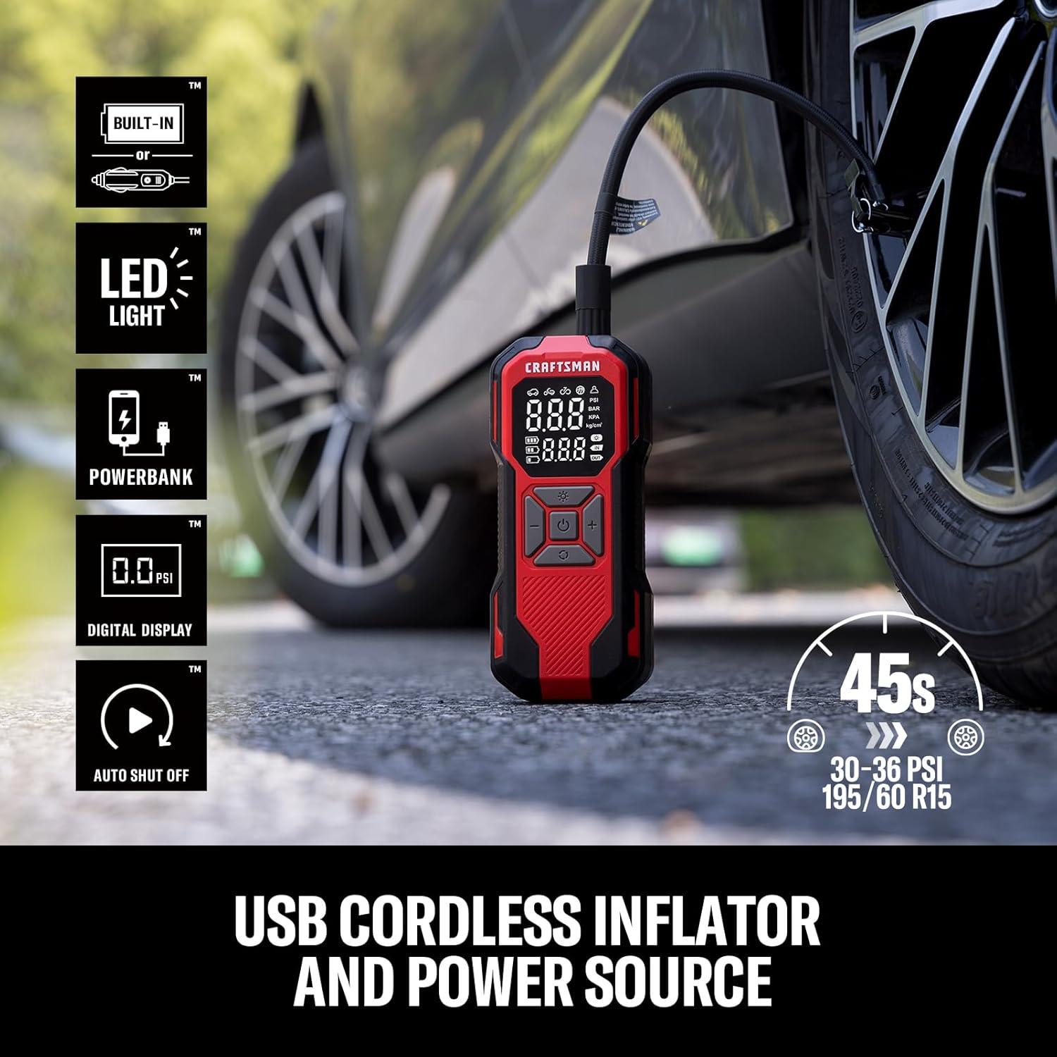 Craftsman Tire Inflator Portable Air Compressor - 20V Cordless Air Pump for Car Tires, 150PSI Upgrade High-Capacity Battery, Auto Shutoff Portable Tire Inflator for Car, LED Gauge & 12V DC Corded