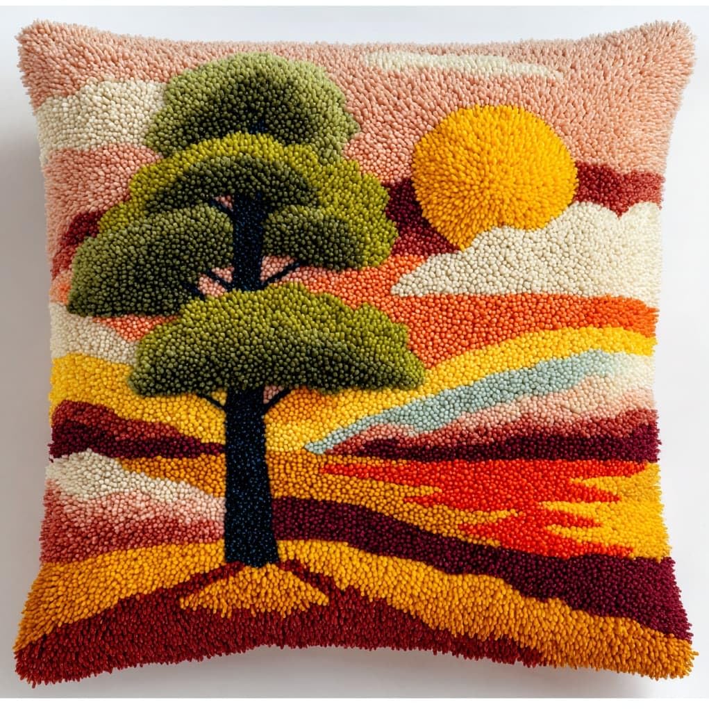 WallustrioaW DIY Latch Hook Kits,Sunset Pine Tree Landscape,Needlework Pillow Cover DIY Hooks Knitted Pillow Embroidery Latch Hook Cushion Kit,17x17in