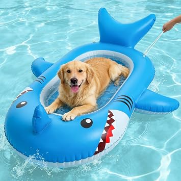 PUPTECK Inflatable Dog Pool Float, Dogs Raft for Pool with Rope, Funny 3D Shark Design Summer Swimming Pool Floating Mat Pool Toys, for Small Medium Large Dogs, for Lake River