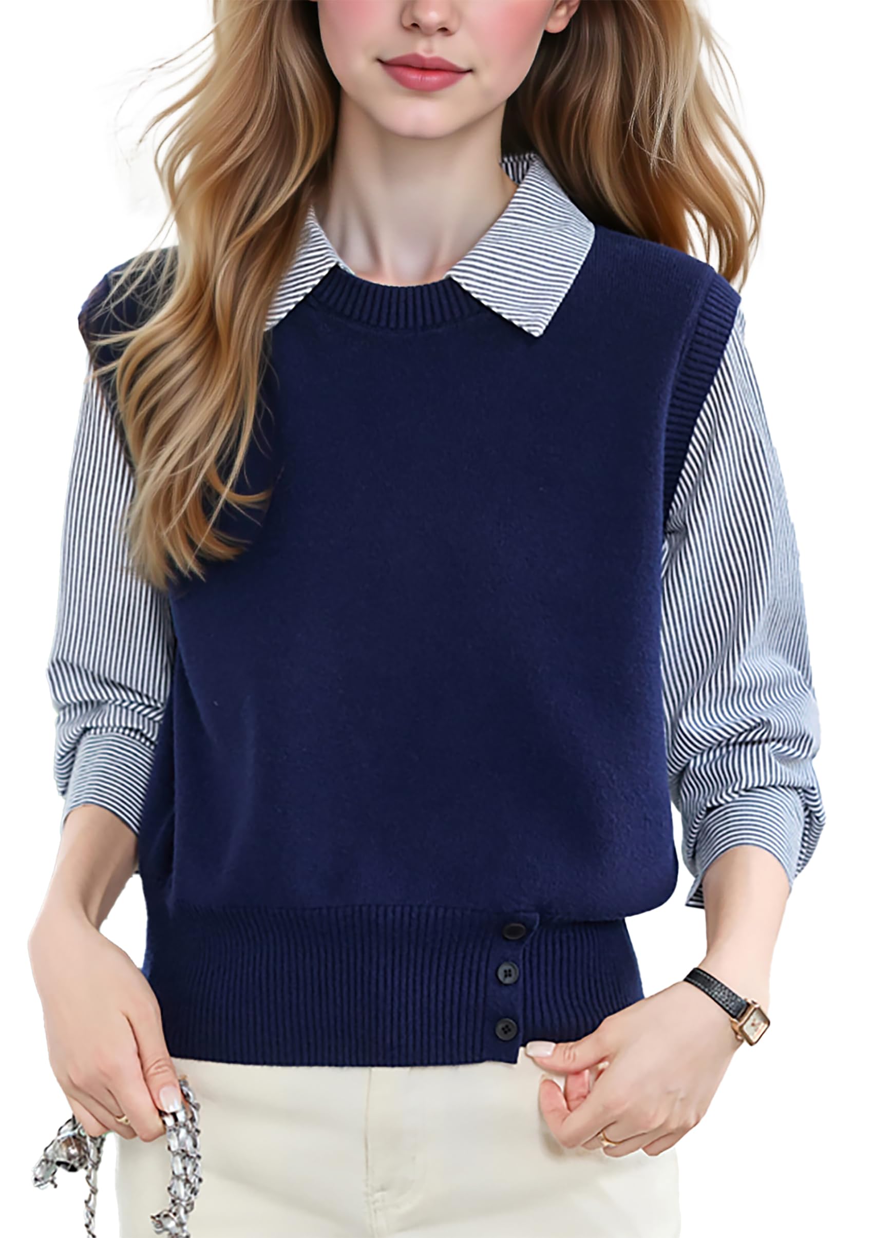 LAI MENG FIVE CATS Womens Collared Patchwork Stirpe Tops Casual Long Sleeve Pullover Blouse