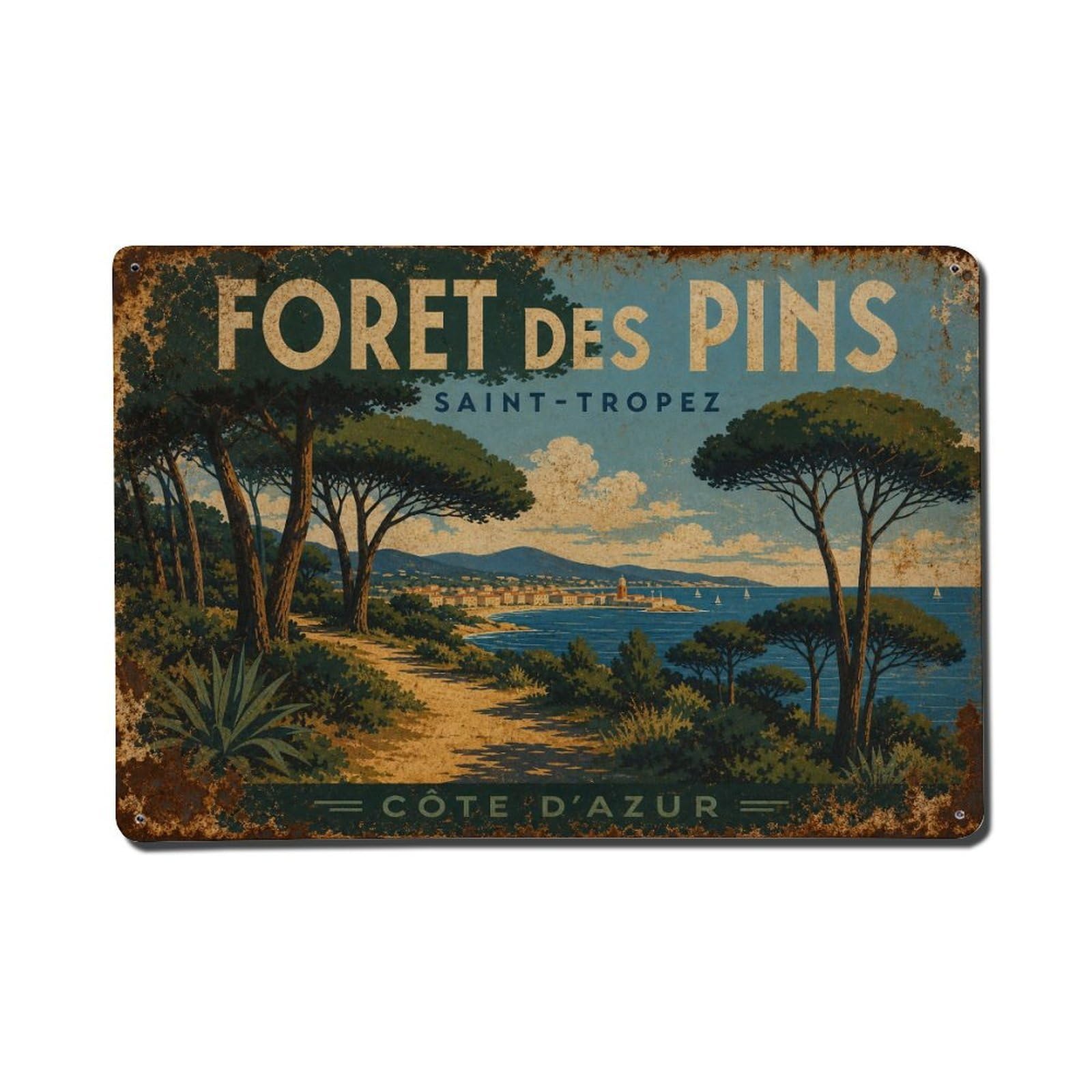 Vintage Travel Pine Forest Coast France Nature Trail Metal Tin Sign