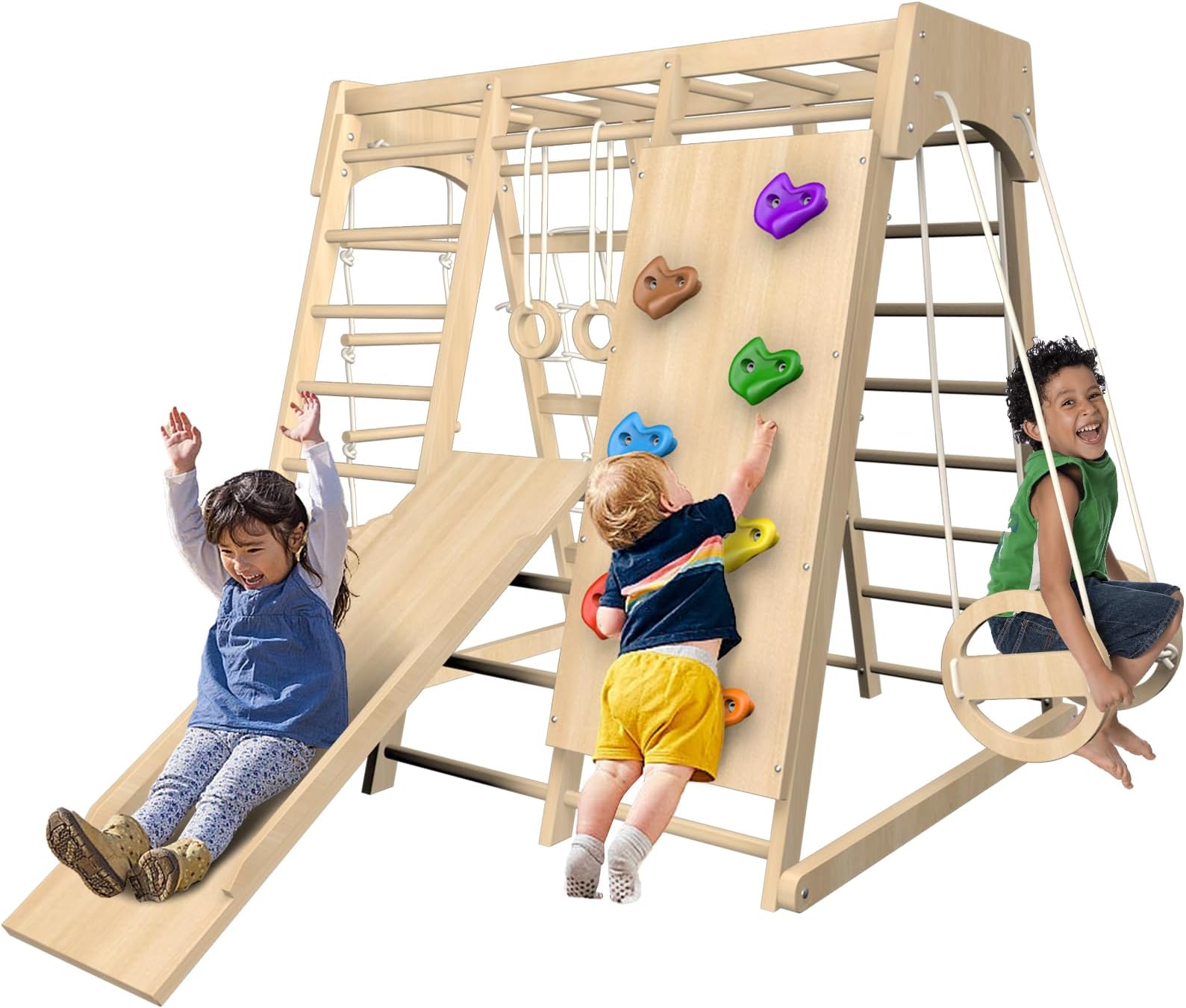 LVHERO 8-in-1 Indoor Jungle Gym, Toddler Climbing Toys, Indoor Playground Climbing Toys for Toddlers, Waldorf and Montessori Wooden Climb Playset with Swing for Kids, Climbing Wall, Monkey Bars
