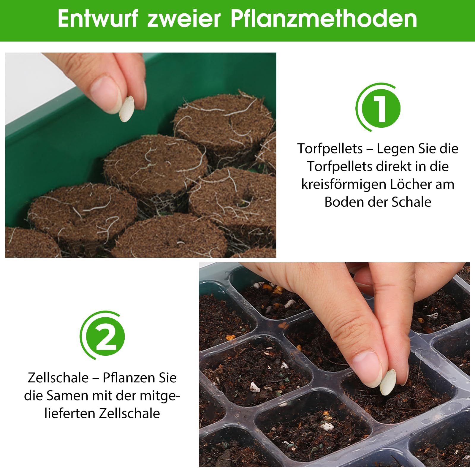 Anzuchtschale mit Wachstumslicht, 3 Lichtmodi Vollspektrum LED Pflanzenlampe, 5 Helligkeitsstufen Timer, Mini Gewächshaus für Fensterbank, Anzuchtset für Samen Kräuter Gemüse Stecklinge (6, Grün)