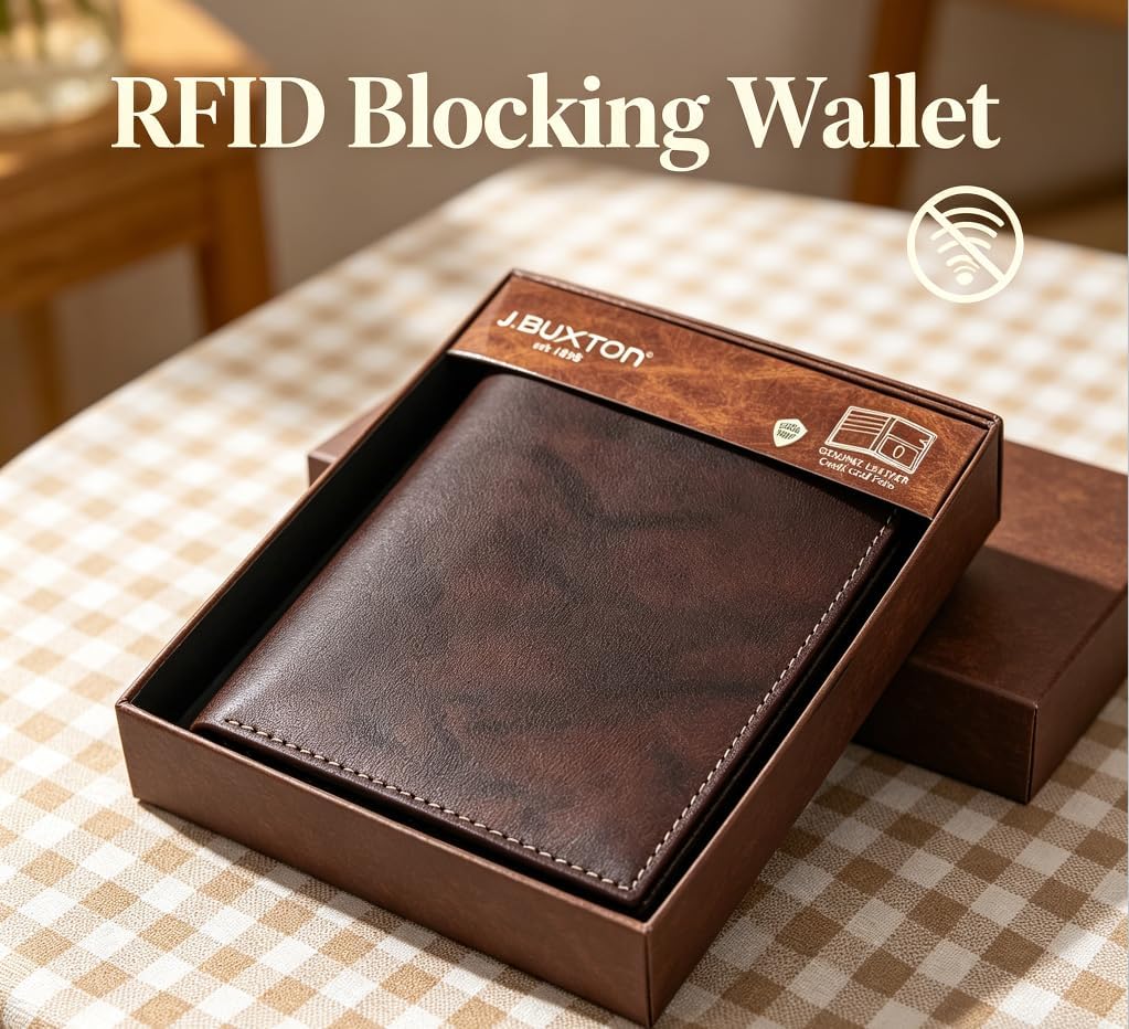 J. Buxton Hunt Credit Card Folio Slim Leather Card Cases, Compact Wallet for Men, Ideal for Business, Travel, RFID Blocking, with ID Window, Brown