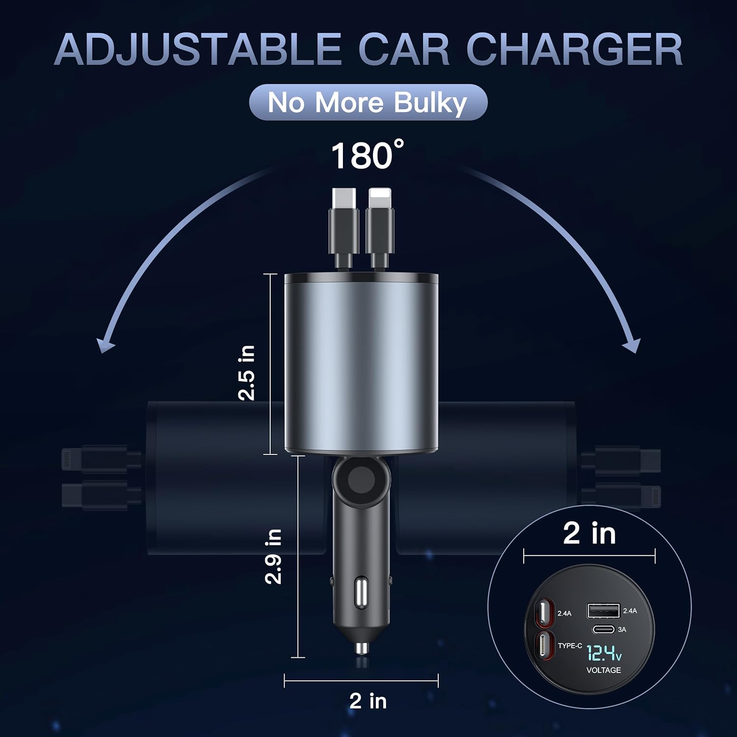 Retractable Car Charger 120W, 4 in 1 Super Fast Charge Car Phone Charger, Retractable Cables and 2 USB Ports, Car Charger Adapter for iPhone 15/14/13/12 Pro Max XR, iPad, Samsung, PT-19