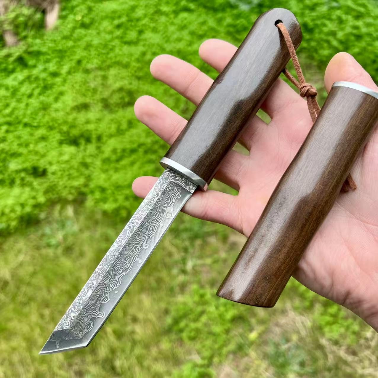 Couteau Lame Fixe Lame Tanto Acier Damas Japonais Suminagashi San Maï Camping Étui Intégral Bois Cadeau Homme Collection Artisanat Randonnée EDC Custom Extérieur Survie Forgé