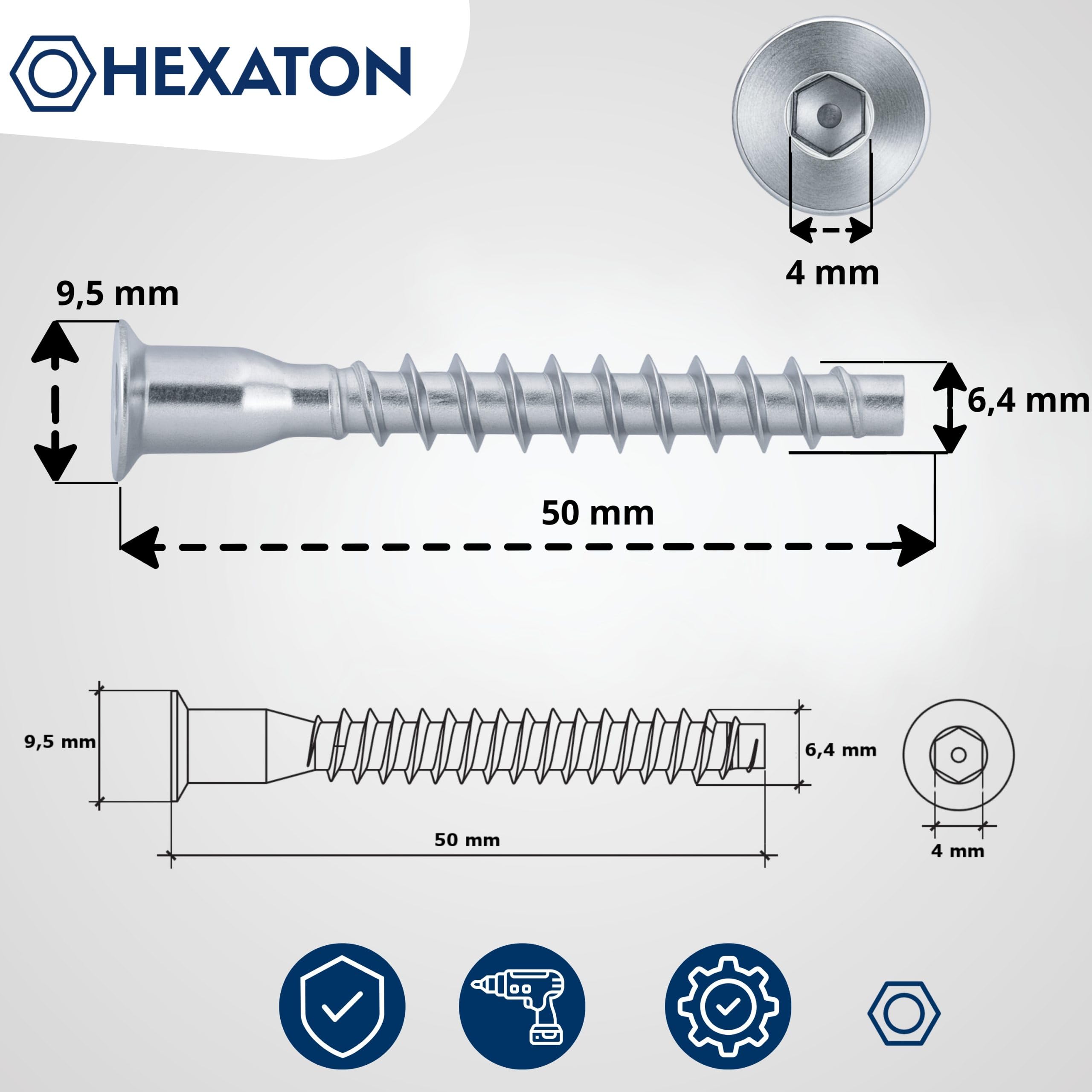 HEXATON Konfirmaty z Łbem Stożkowym Wgłębieniem Imbusowym 6,4 x 50 mm - 100 Sztuk - Ocynk Biały - Gwint na Całości