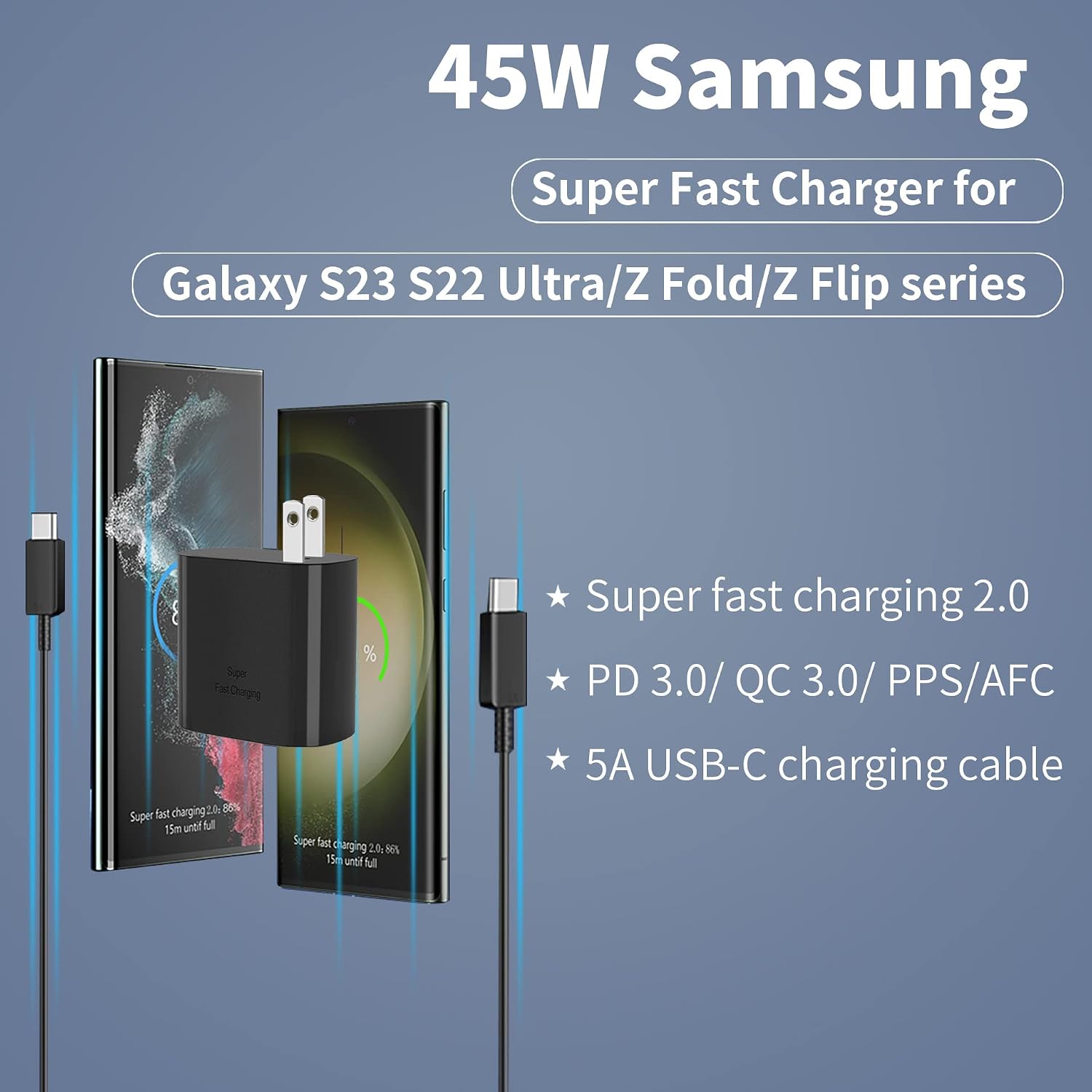 45W USB C Charger,Samsung Super Fast Charger Type C for Samsung Galaxy S23 Ultra/S23/S23+/S22 Ultra/S22+/S22/Z Fold 4/Z Fold,Galaxy Tab,S23 Ultra Type C Charger Fast Charging Block & 5FT Cable,2 Pack