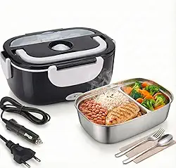 Marmita Elétrica Portátil 1,5L Com Aquecimento Rápido para Trabalho e Viagem - Bivolt 110V 220V e 12V 24V Carro Caminhão Casa - Pote Removível com Talher e 2 Cabos Inclusos - Lancheira Térmica