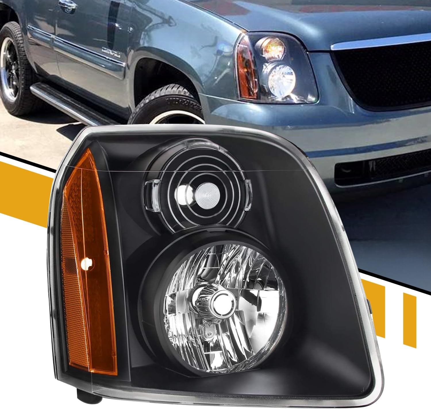 CLERYEE Headlight Assembly Compatible with 2007-2014 GMC Yukon/Yukon XL 1500 2500 [Denali Style], OE-Style Head Lamp Replaces OE#15861026 20969895, Black+Amber, Right Passenger Side