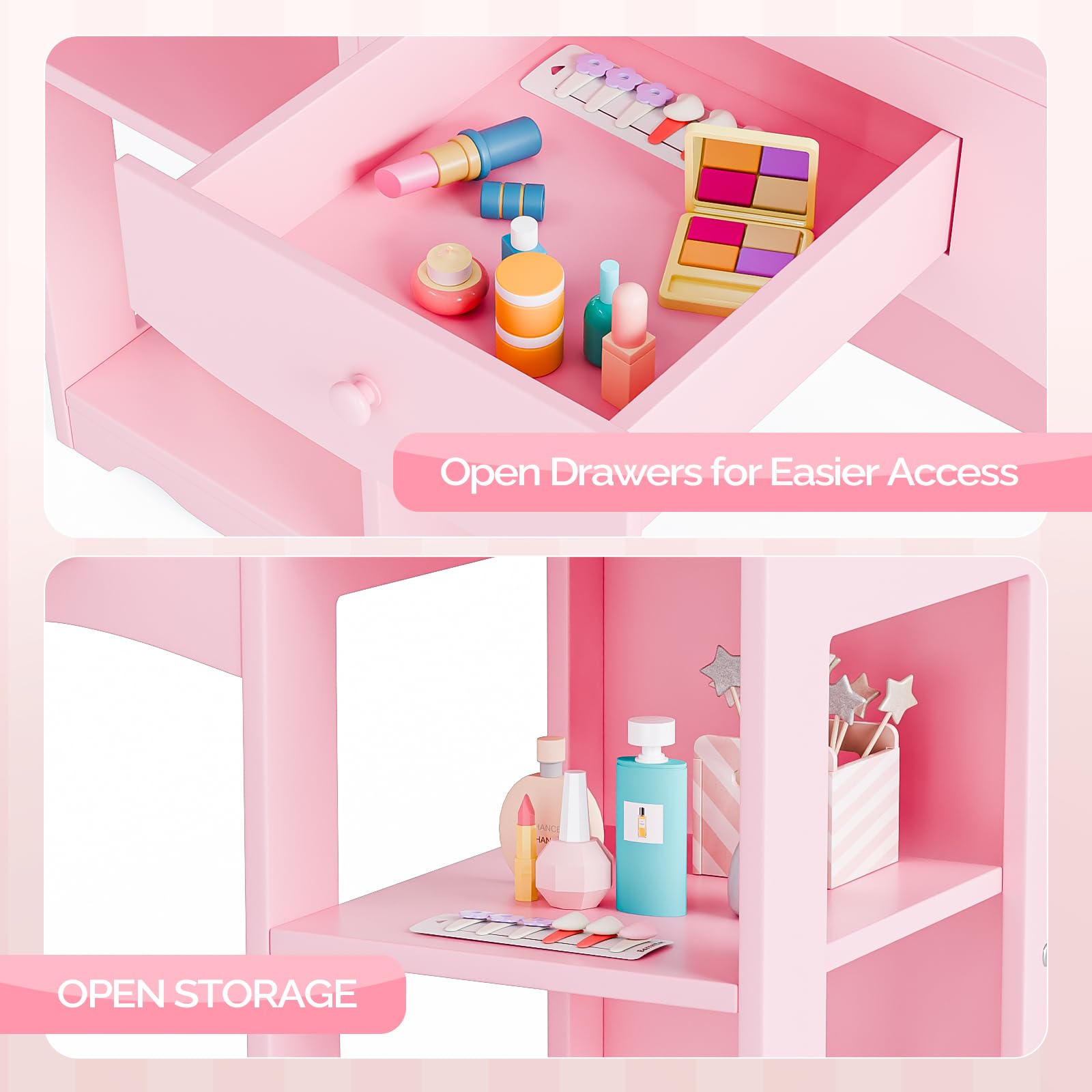 Bonnlo Tocador Infantil con Espejo de Tres Paneles y Taburete, Tocador para Niña con 3 Cajones y 4 Estantes Abiertos, Mesa de Maquillaje Infantil de Madera con Diseño de Coron (Rosa, Grande)