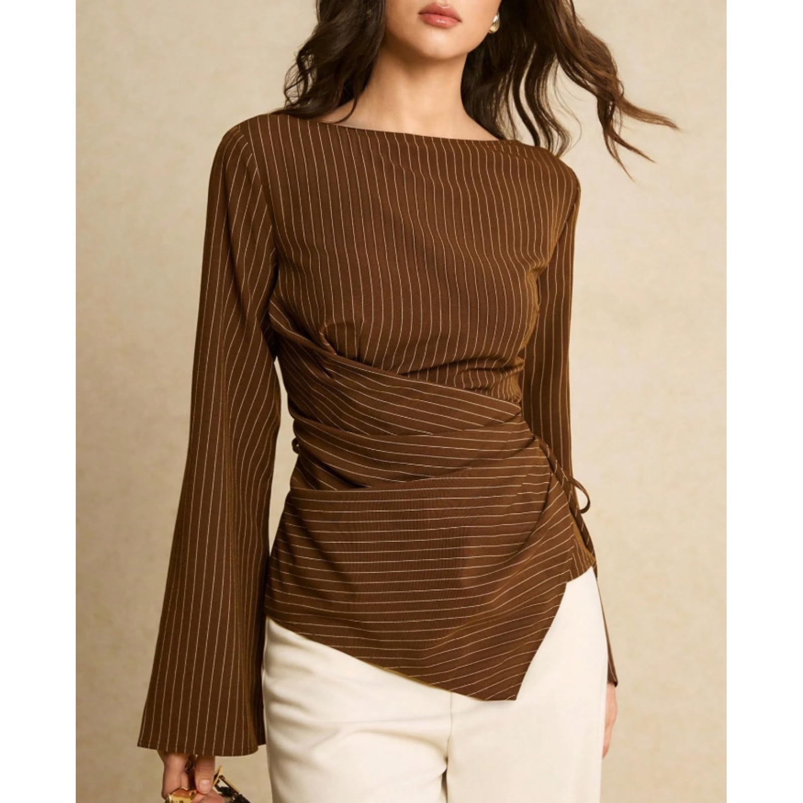 Blusas de mujer con escote barco manga trompeta y detalle anudado | Cuello barco cintura entallado dobladillo asimétrico enlace de ajuste lateral ajustable estilo casual de negocios para el día