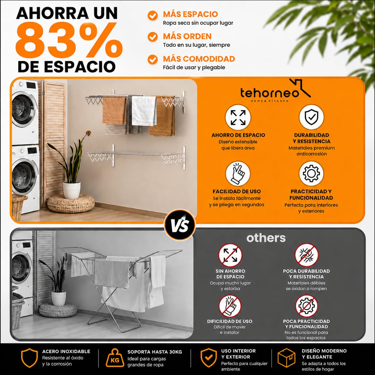 TEHORNEO Tendedero Extensible Pared 140 cm, Tendedero Pared Acero Inoxidable, Tendederos Plegables de Pared, Tendedero Retractil, Tendal Extensible para Interior y Exterior, 30 kg Capacidad (140 cm)
