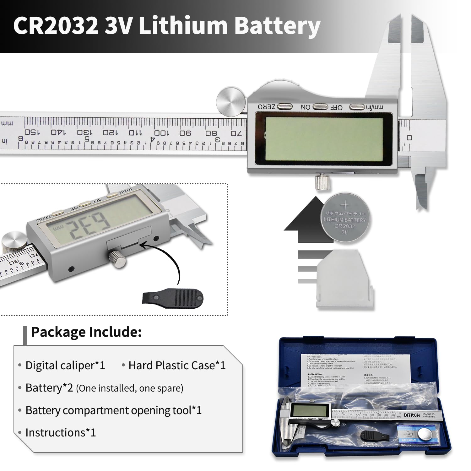 Digital Caliper, Vernier Calipers Measuring Tool, Stainless Steel Electronic Digital Calipers with Large LCD Screen, 6 inch/ 150mm, Auto - Off, Inch/mm Conversion