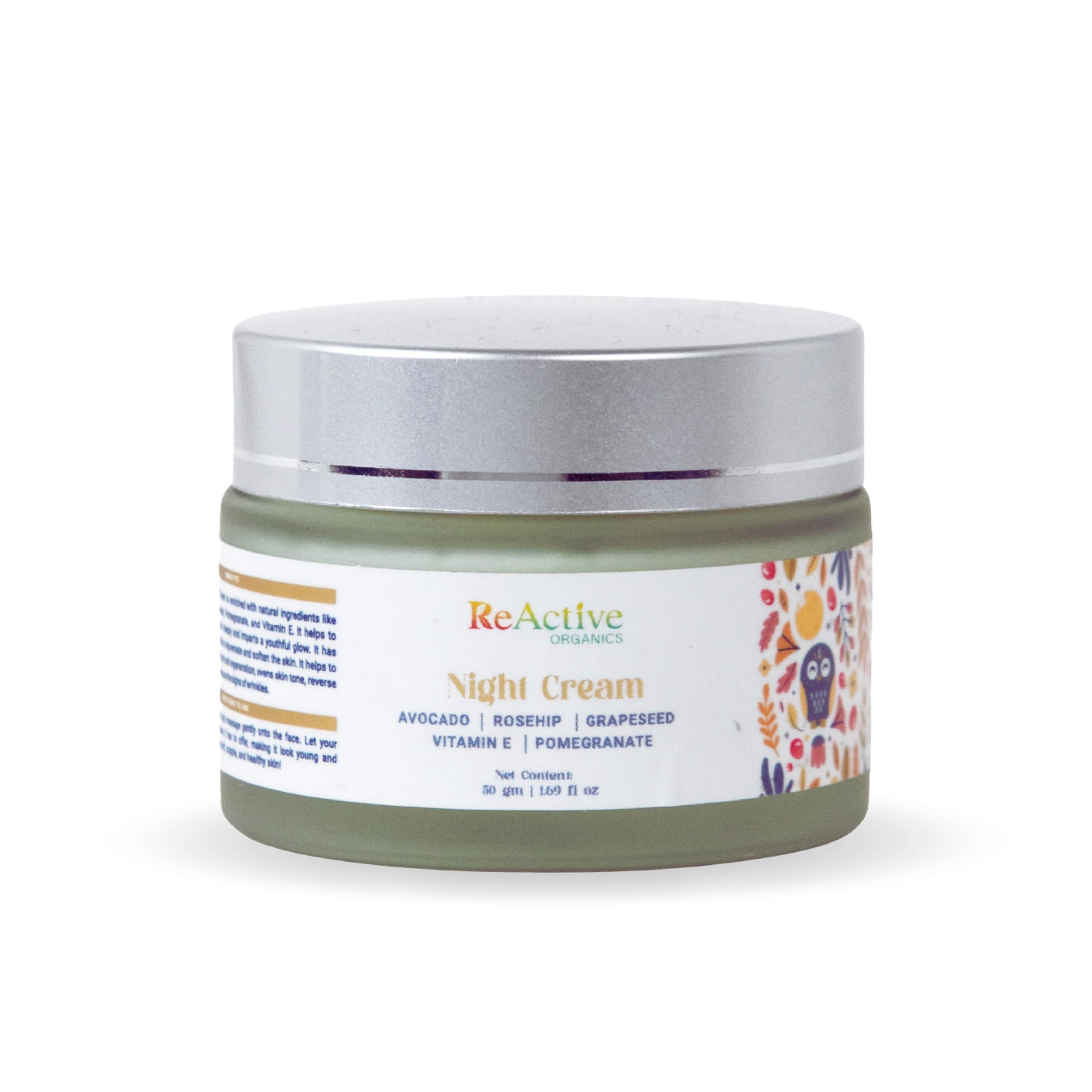 ReActive Organics - Night Cream | Natural Ingredients - Avocado, Rosehip, Pomegranate, Grapeseed, Vitamin E | Anti-Ageing | Rejuvenates & Hydrates Skin | 50 gm