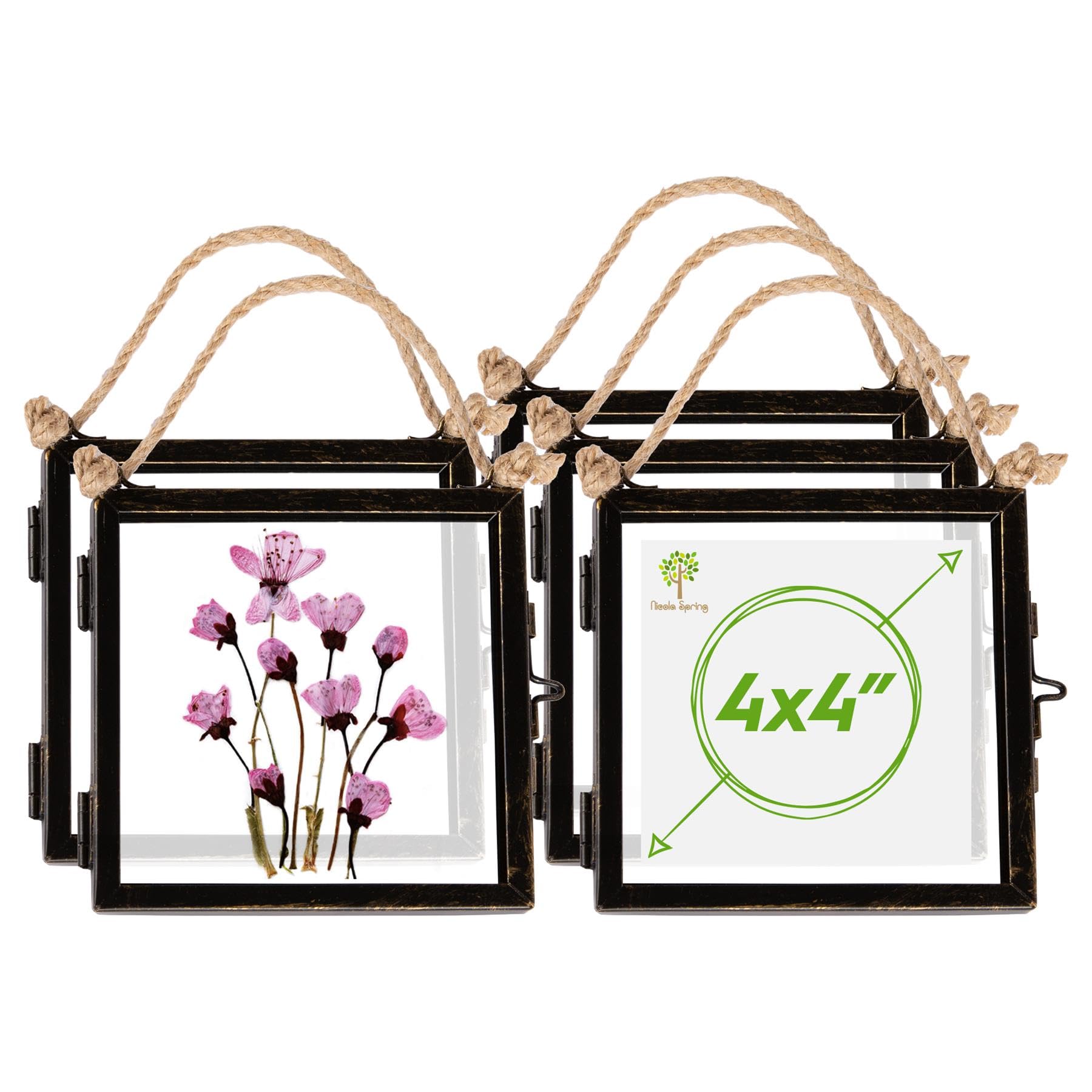 Nicola Spring Hanging Metal Photo Frames 4x4 Inch (11 x 11cm) - Set of 5 Black Vintage Glass Picture Frames with Rope for Wall Display - Rustic Industrial Home Décor for Photos & Keepsakes