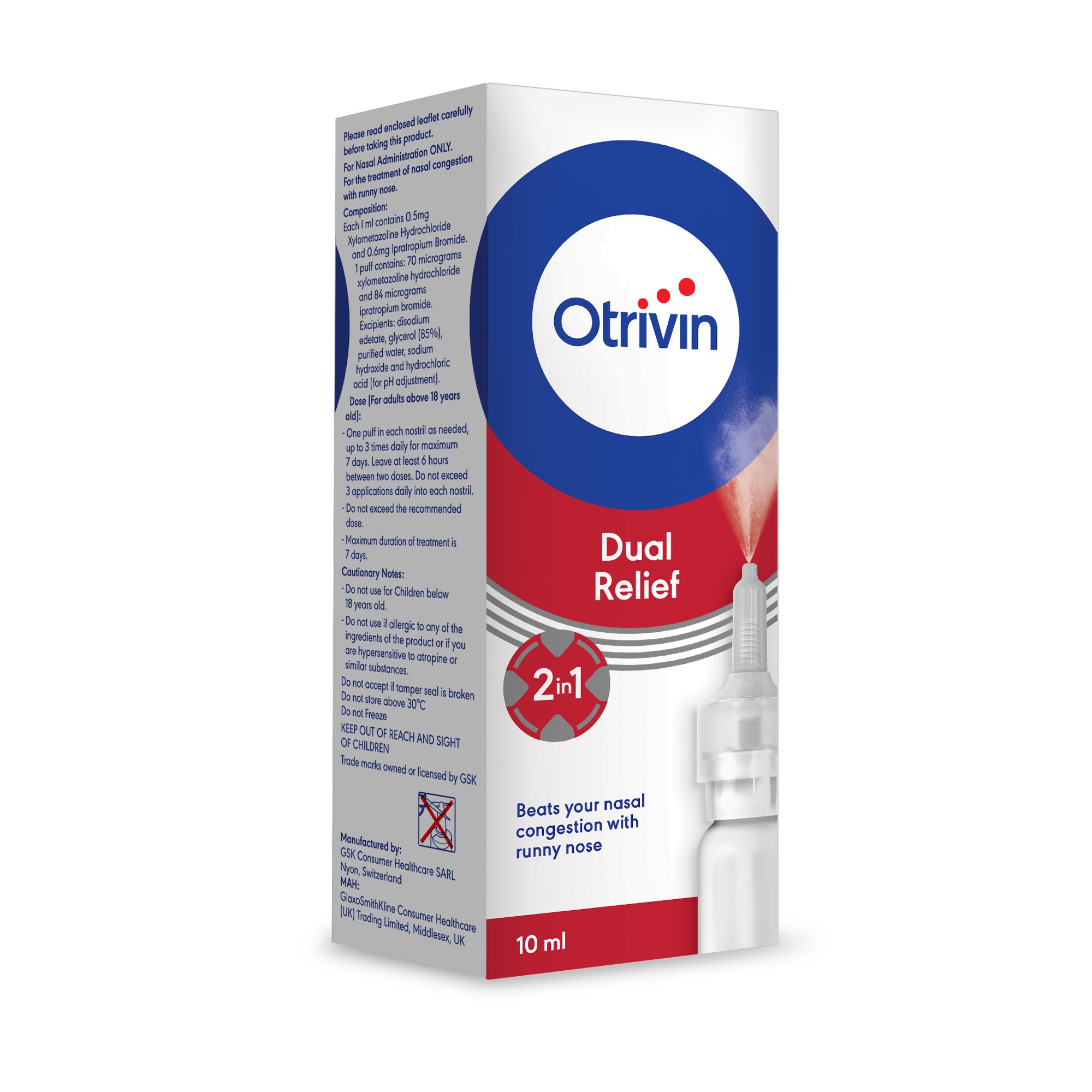 Otrivin Dual Relief Nasal Spray for Congestion with Runny Nose 10 ml