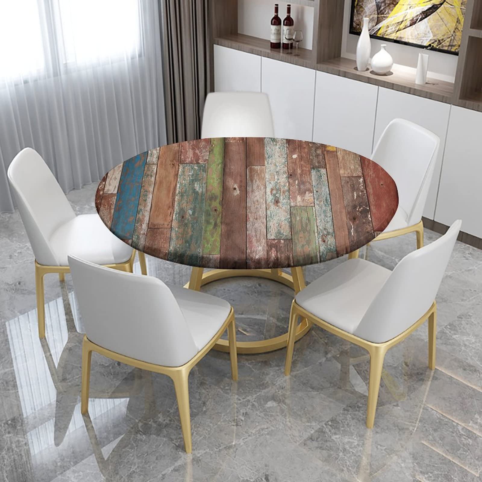 SongYi Wooden Fitted Round Tablecloth, Elastic Edge Waterproof Table Cloth for Outdoor Indoor Party, Washable Wipeable Fabric Table Cover for 48