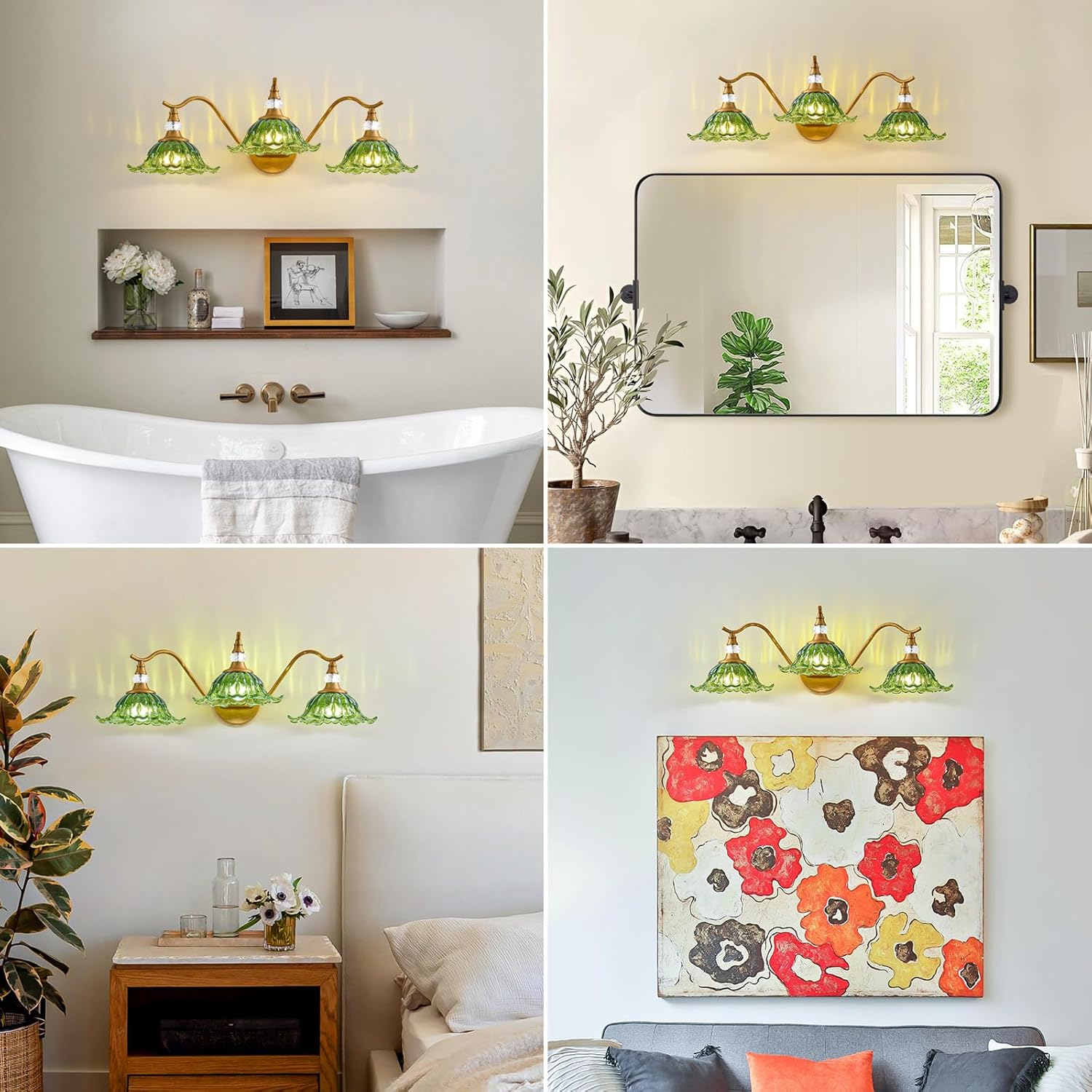 Vintage Bathroom Vanity Light Fixtures - 3 Light Antique Brass Bathroom Lights Fixture Over Mirror with Green Flower Glass,Retro Brushed Gold Bronze Wall-Mounted Vanity Lighting for Powder Room