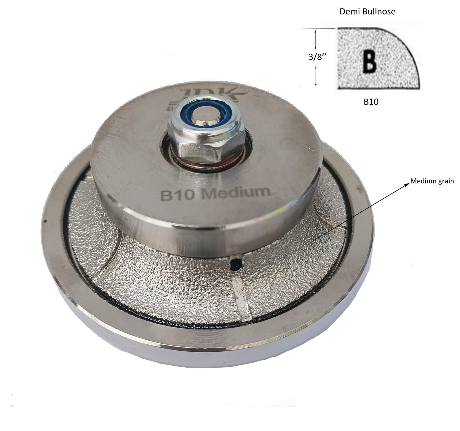 JDK B10 Diamond Hand Profiler Wheel Medium Vacuum Brazed Router Bit 5/8’’-11 Thread Demi Half Bullnose 3/8 Inch Shape for Stone Travertine Granite Marble Countertops Edge