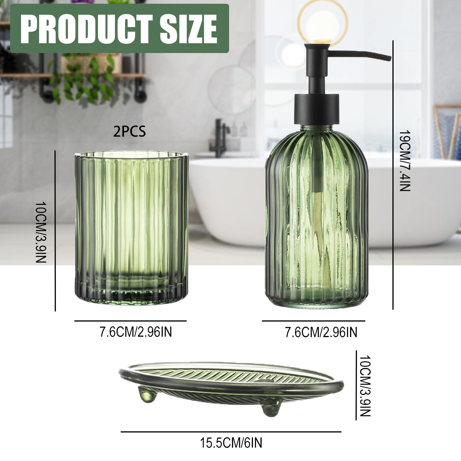 Set di accessori da bagno verde, set completo di vetro trasparente, composto da dispenser di sapone, portaspazzolino, bicchiere per sciacquone e portasapone per decorazione bagno e organizzatore