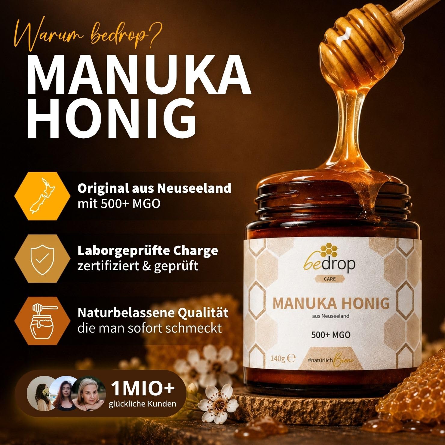 bedrop Manuka Honig mit MGO 500+ XXL Glas - 100% echter Premium Manukahonig aus Neuseeland mit zertifiziertem Methylglyoxal Gehalt (Analyse-Zertifikat) - 140g